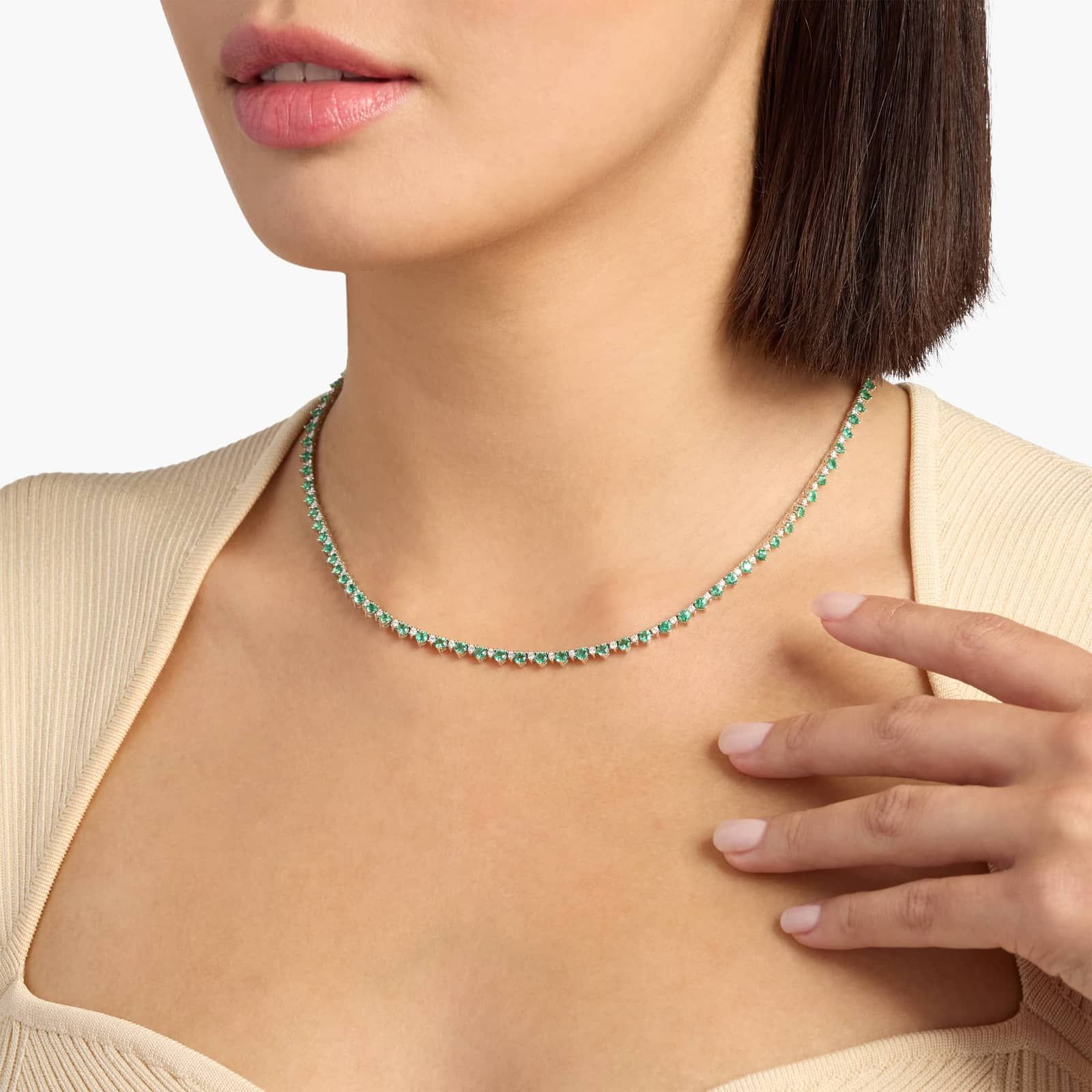 Emerald and Diamond Alternating Size Eternity Necklace in 14k White Gold (2.5mm) 3