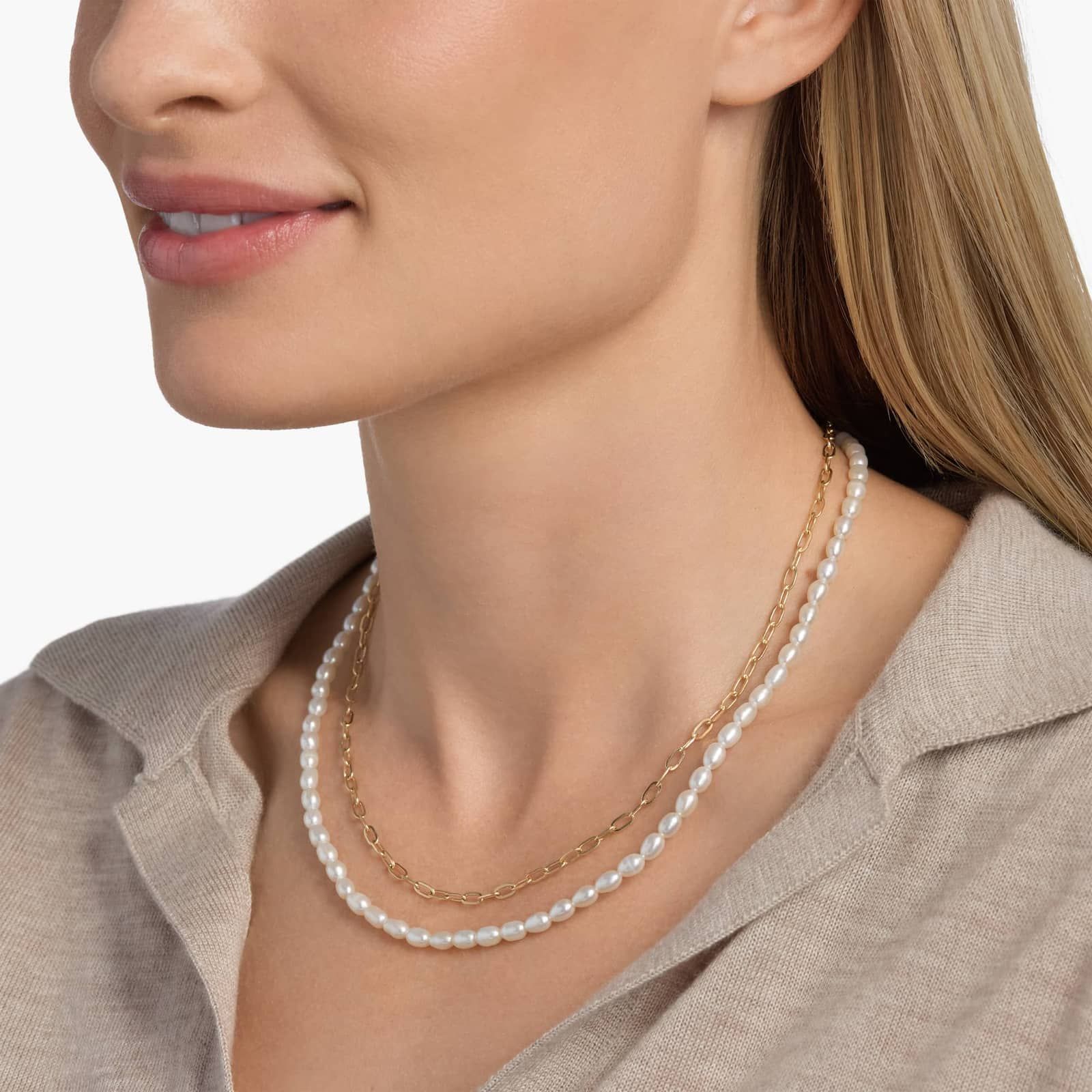 Freshwater Pearl and Paperclip Chain Double Strand Necklace in 14k Yellow Gold 3