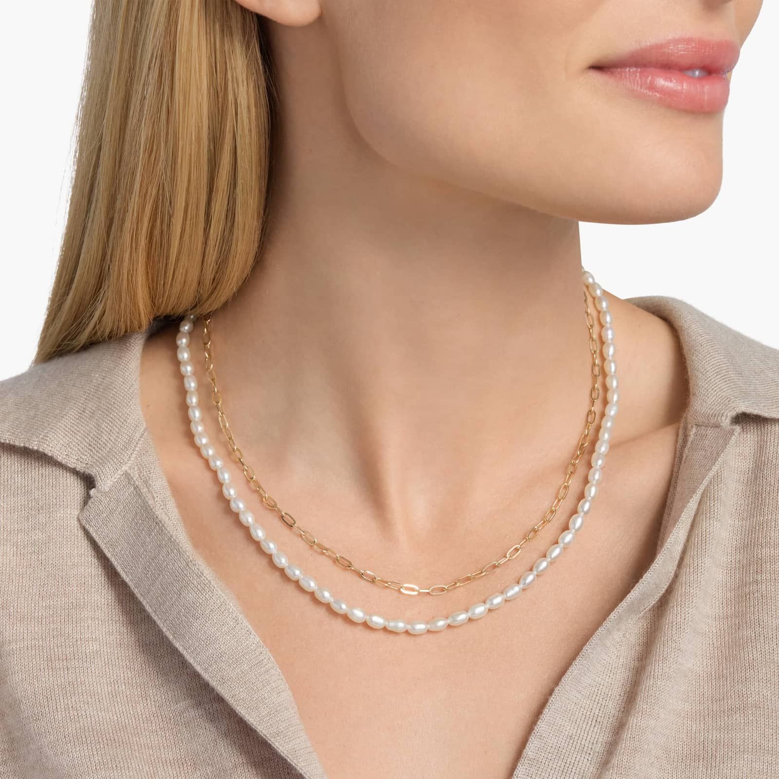 Freshwater Pearl and Paperclip Chain Double Strand Necklace in 14k Yellow Gold 4