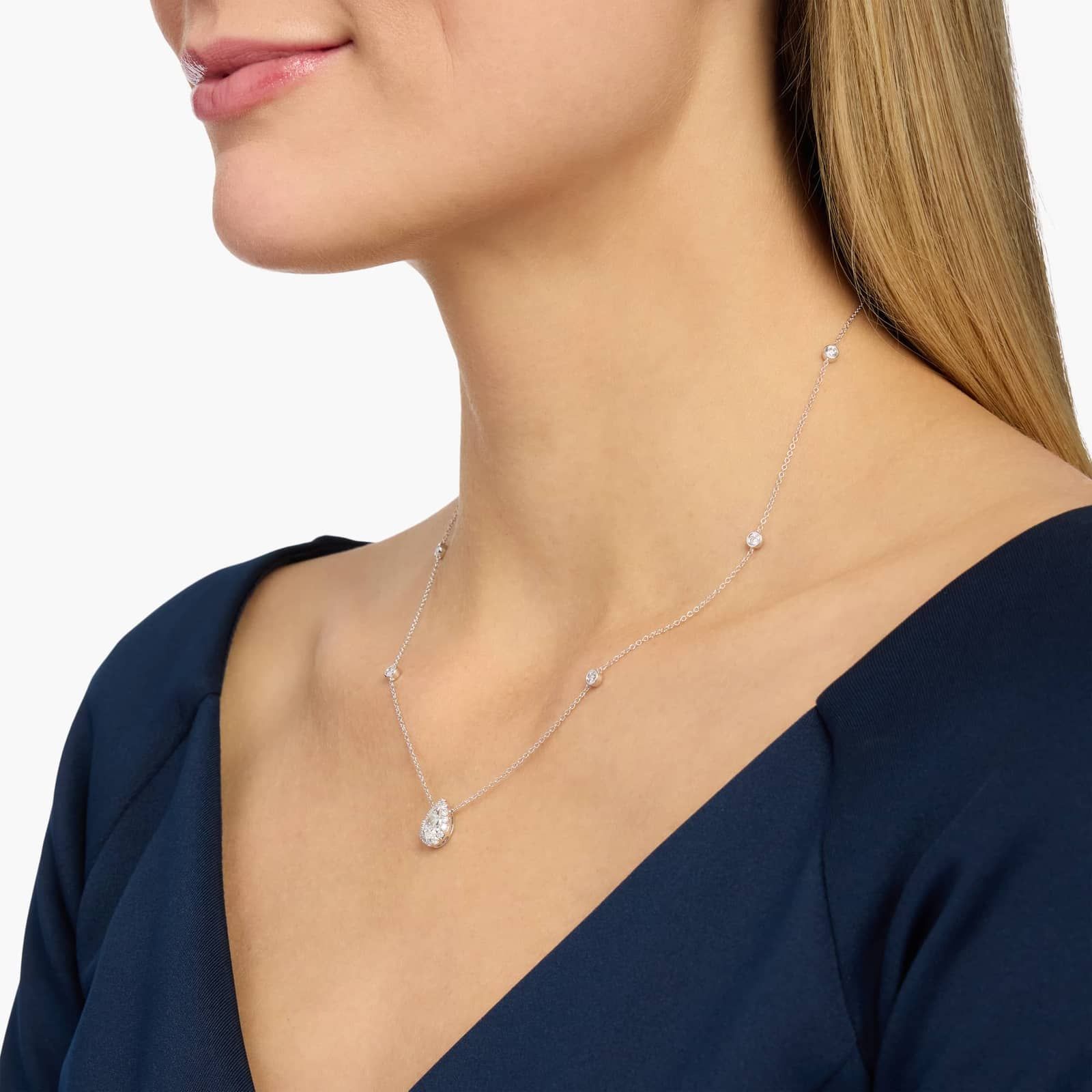 Lab Grown Diamond Pear Halo Station Pendant in 14K White Gold (1 3/4 Ct. Tw.) 3