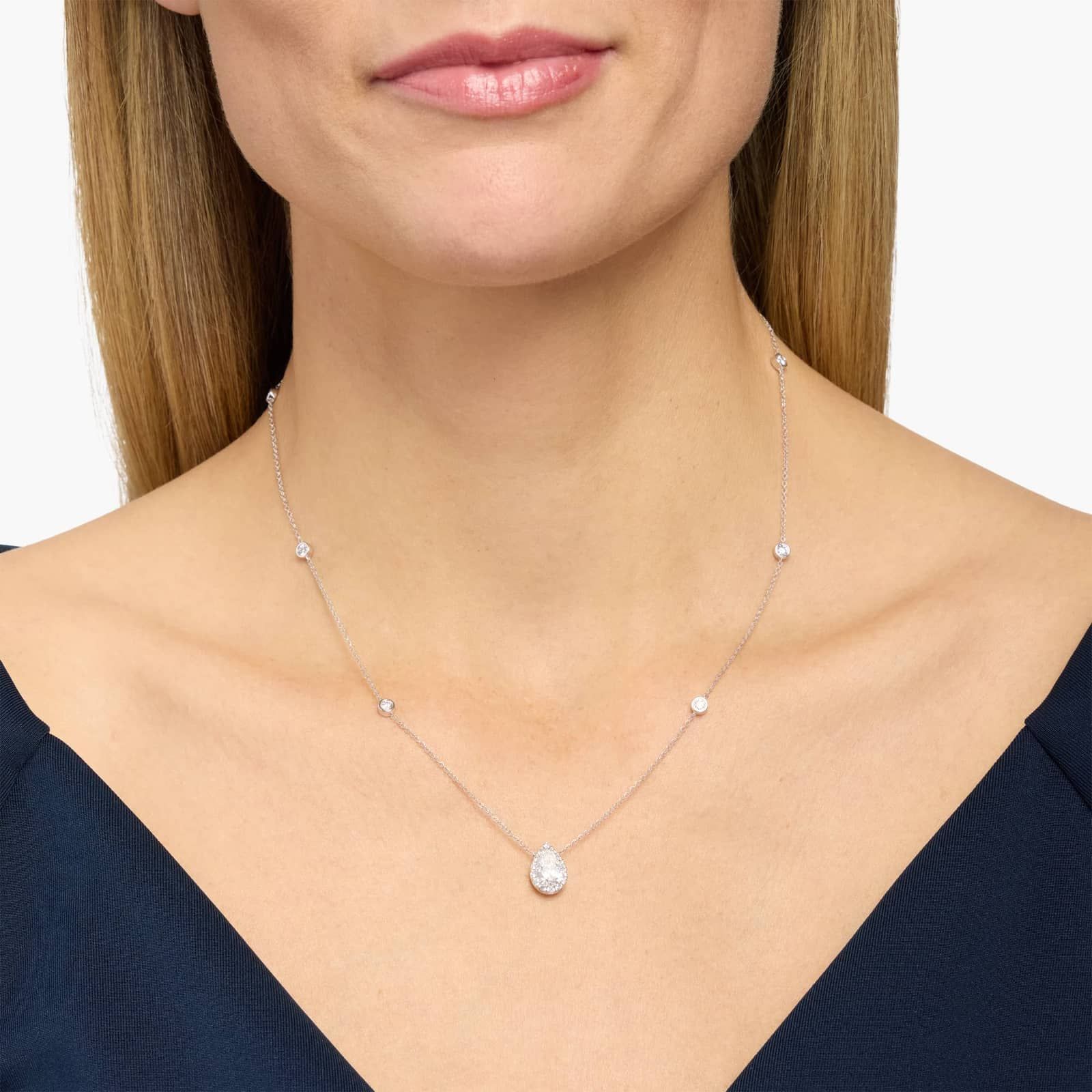 Lab Grown Diamond Pear Halo Station Pendant in 14K White Gold (1 3/4 Ct. Tw.) 4