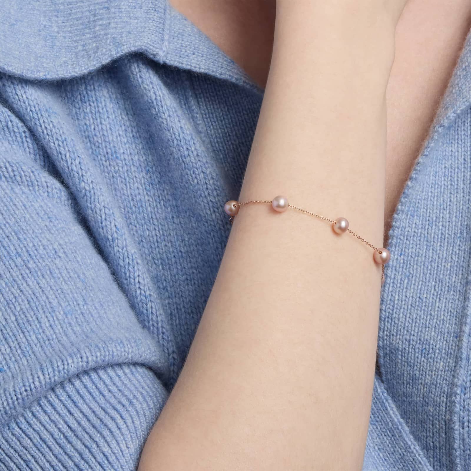 Pink Freshwater Cultured Pearl Tin Cup Stationed Bracelet in 14k Rose Gold (5.5mm) 4
