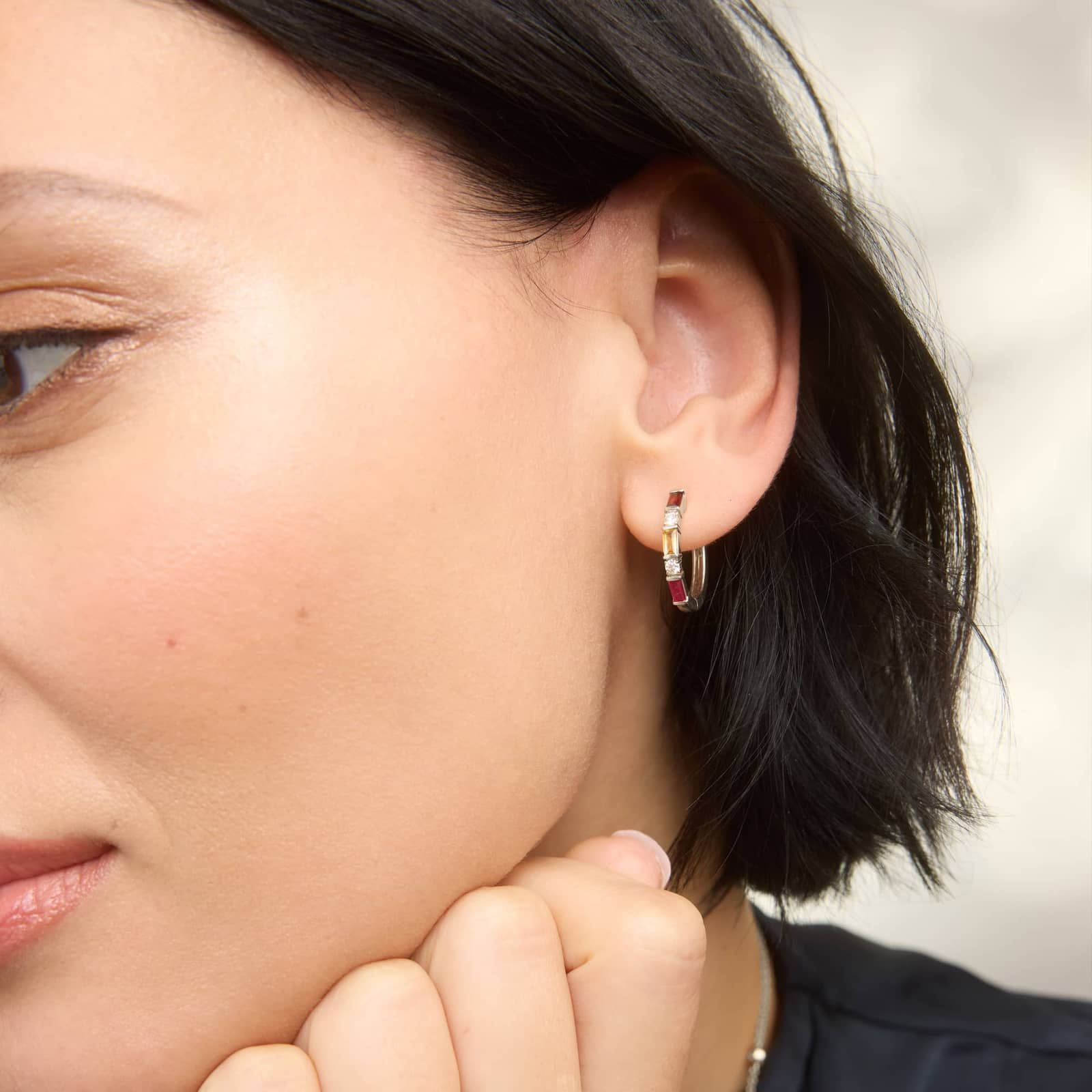 Personalized Baguette Cut Two Birthstone Hoop Earrings With Lab-Grown Diamonds In 14K White Gold 2
