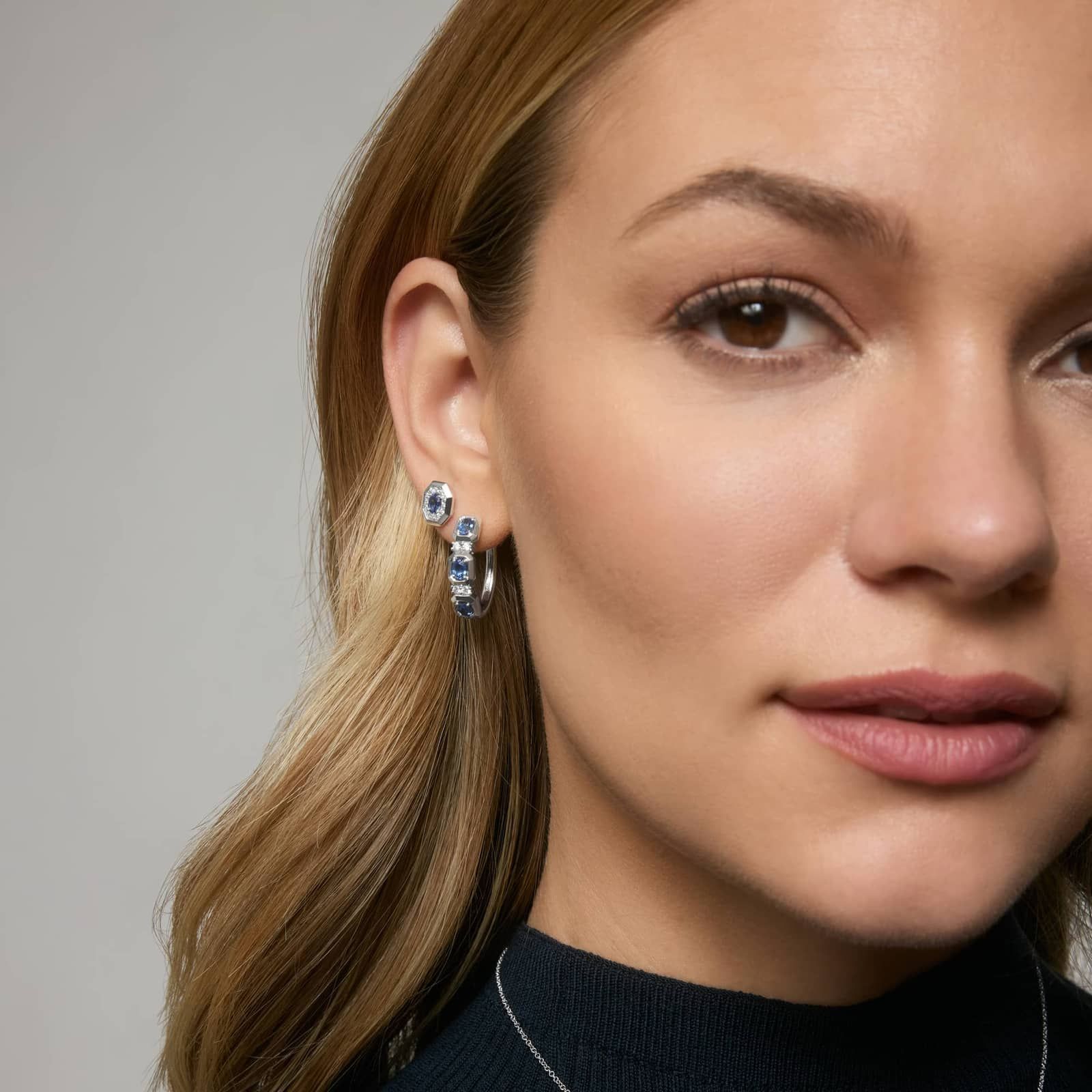 Oval Cut Blue Sapphire and Pavé Diamond Stud Earrings In 14K White Gold 3