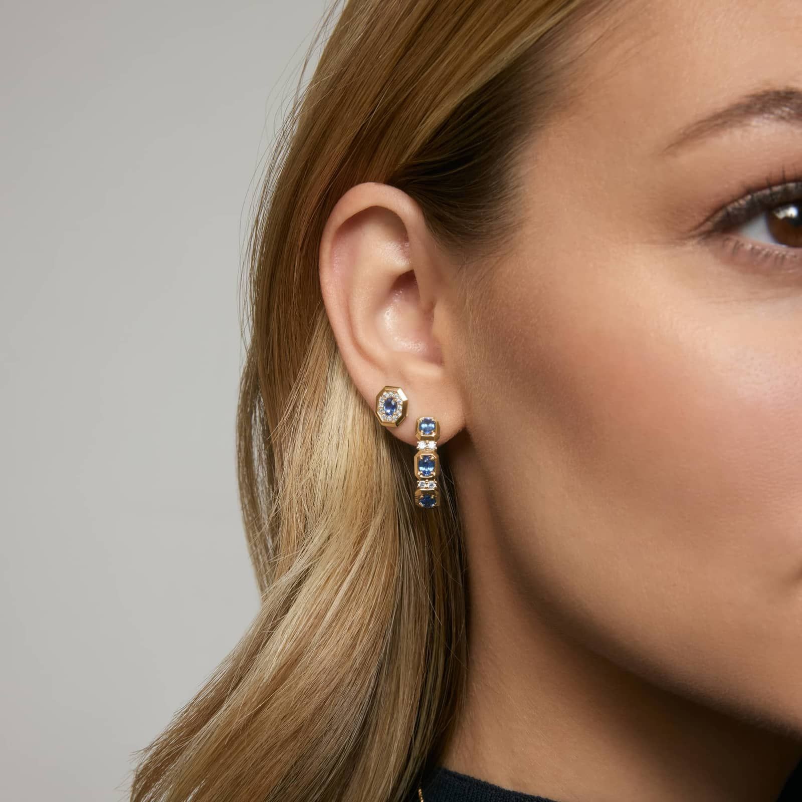 Oval Cut Blue Sapphire and Pavé Diamond Stud Earrings In 14K Yellow Gold 3
