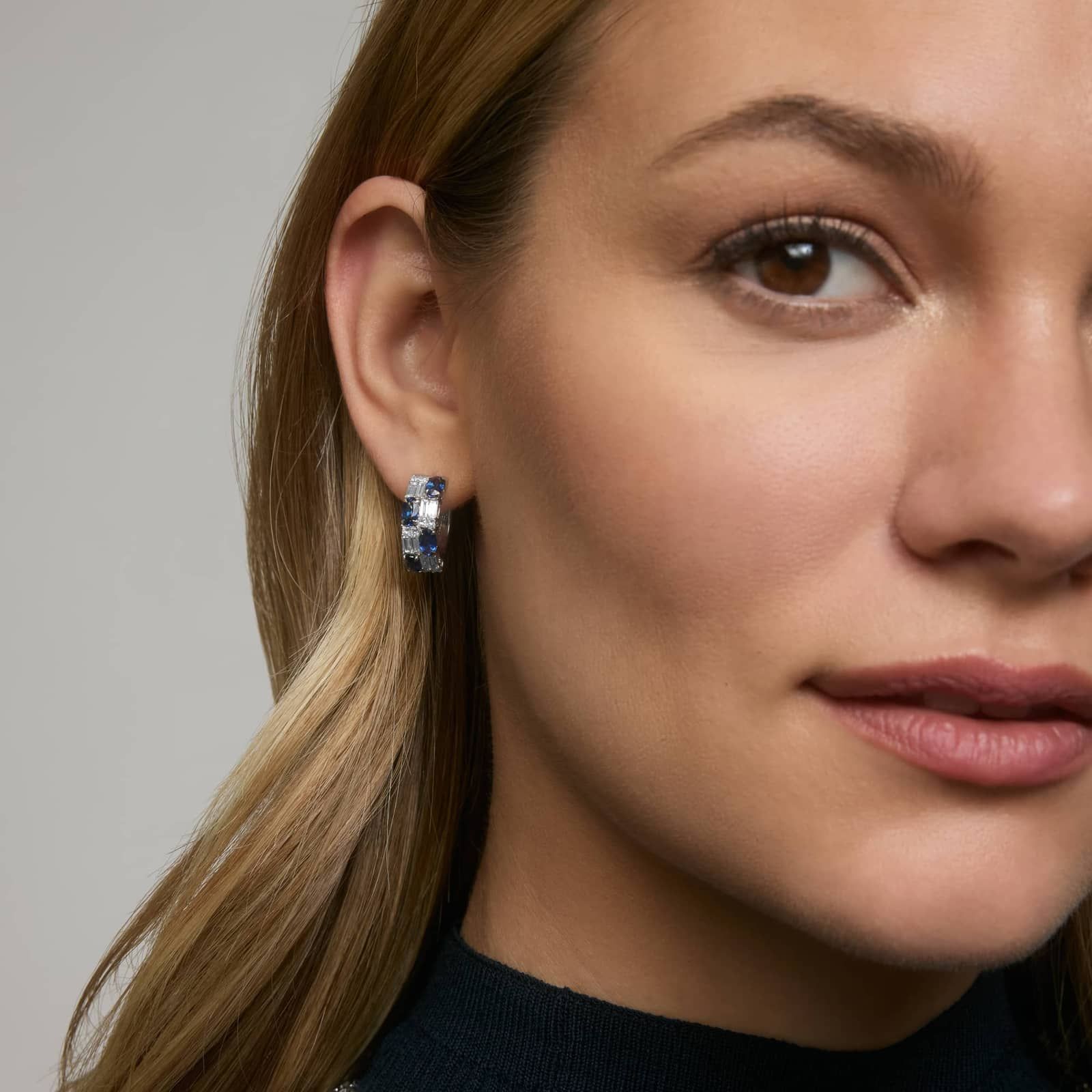 Baguette Cut Blue Sapphire And Diamond Cluster Hoop Earrings In 14K White Gold 3