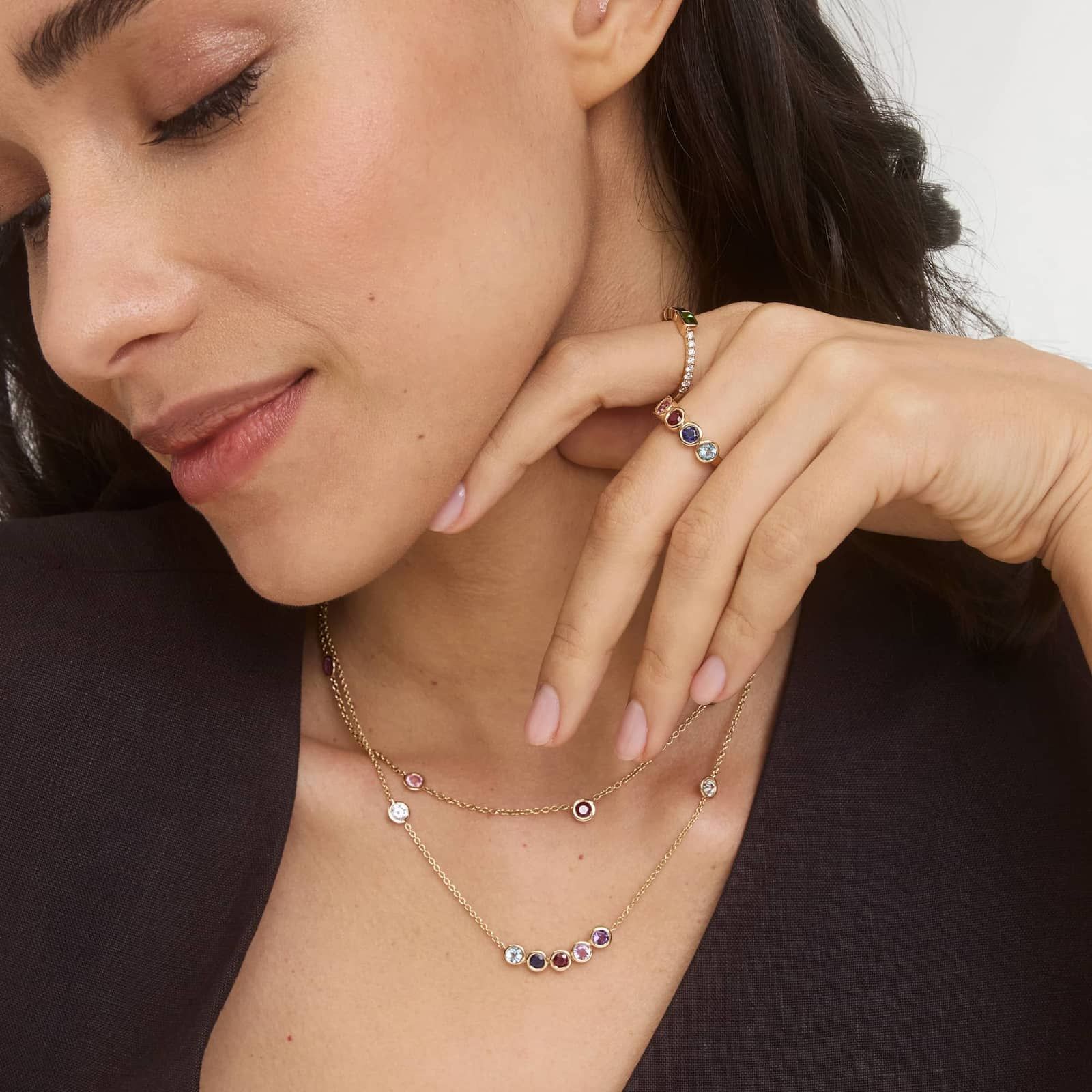Personalized Round Cut Three Birthstone Smile Necklace With Lab-Grown Diamonds In 14K Yellow Gold 2