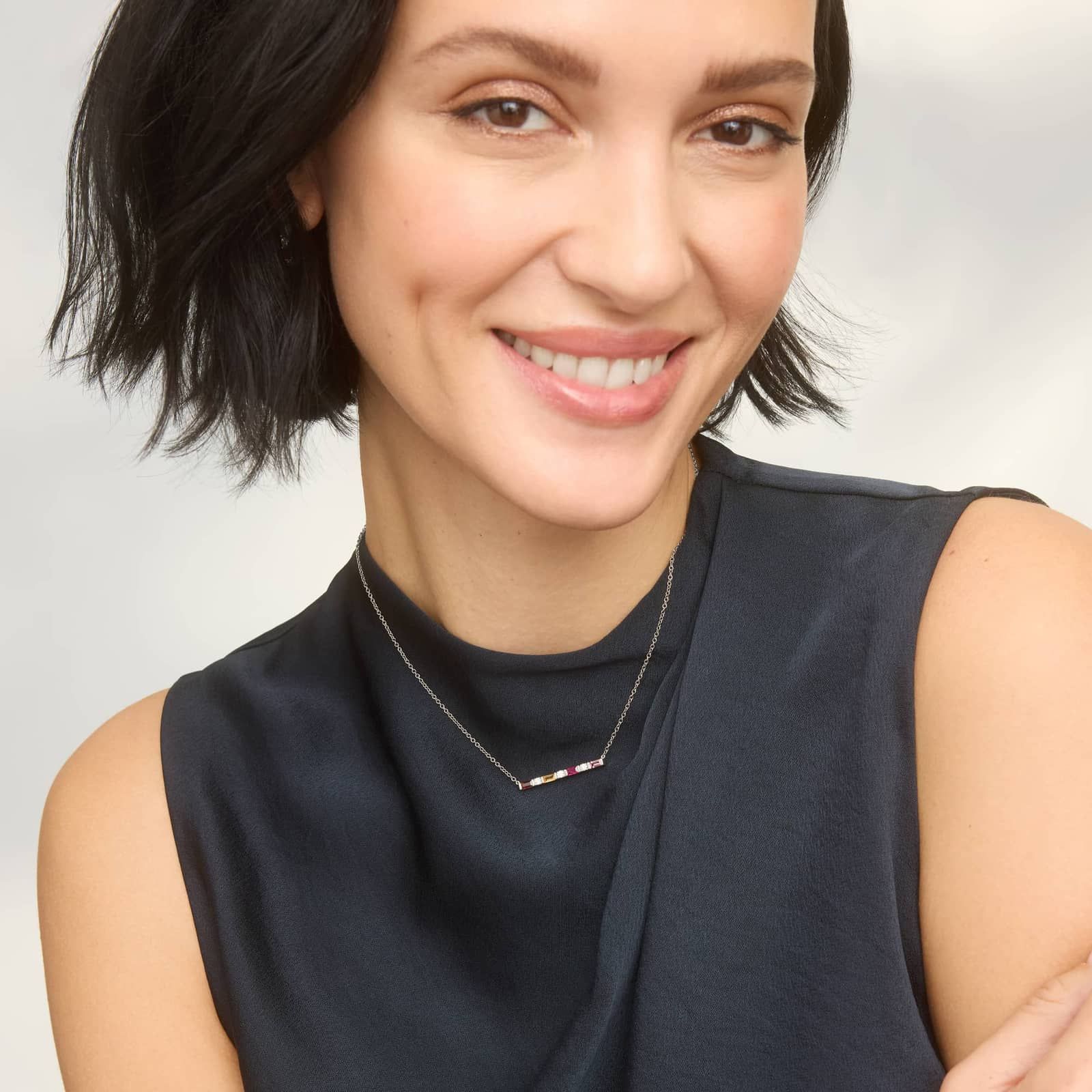 Personalized Baguette Cut Four Birthstone Bar Necklace With Lab-Grown Diamonds In 14K White Gold 2