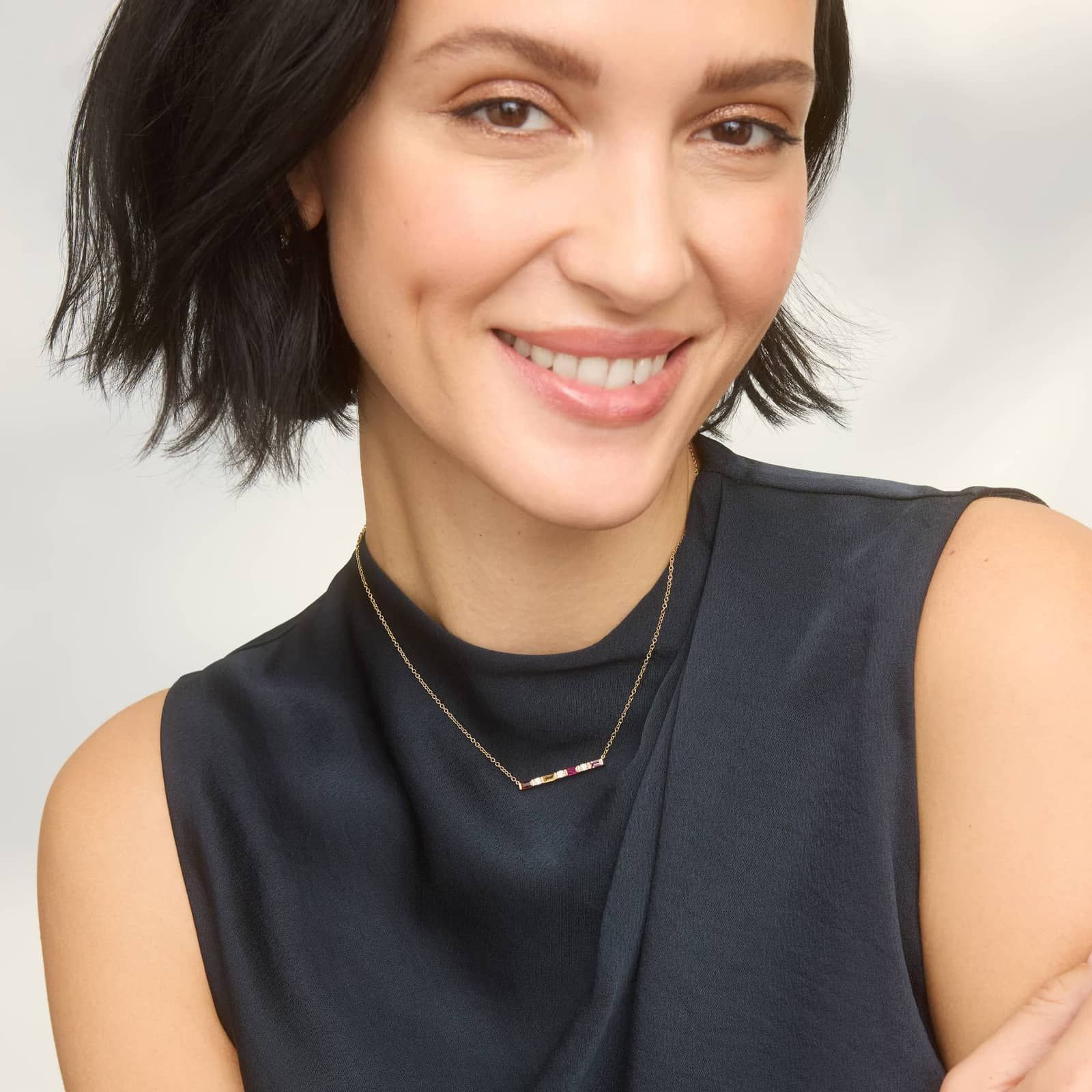 Personalized Baguette Cut Single Birthstone Bar Necklace With Lab-Grown Diamonds In 14K Yellow Gold 2
