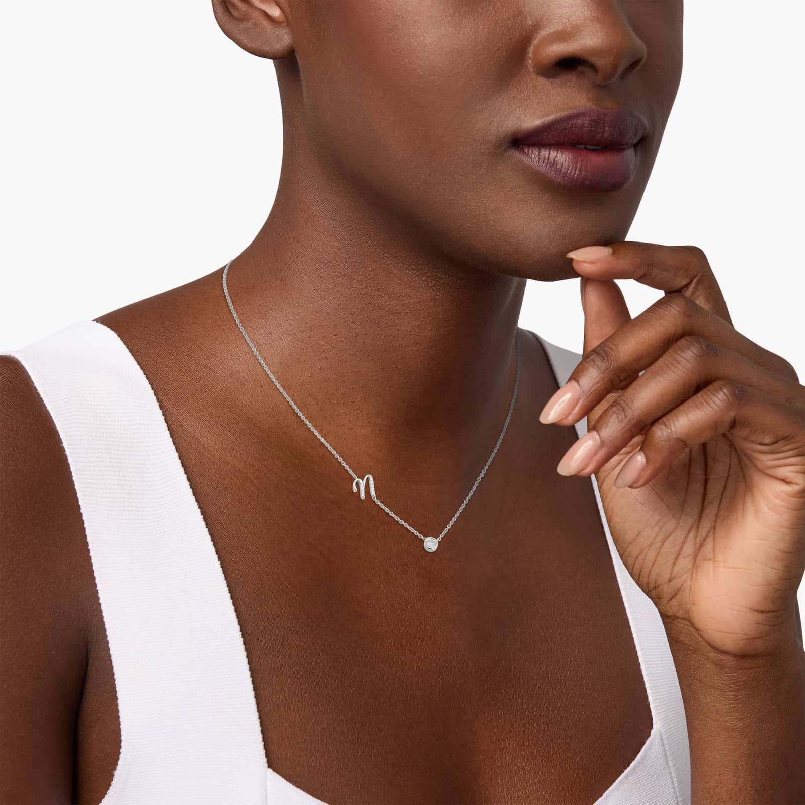 Chain-Set Initial N Necklace With Lab-Grown Diamonds In 14K White Gold 4
