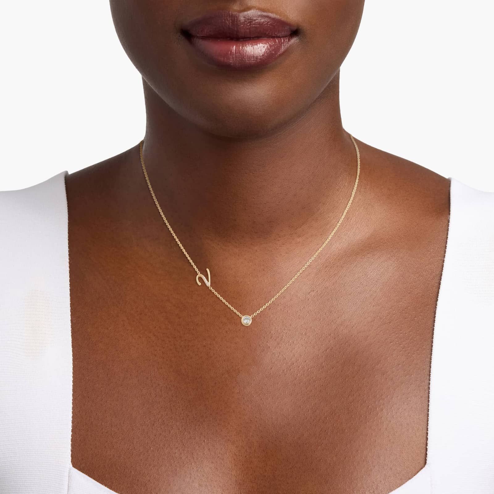 Chain-Set Initial V Necklace With Lab-Grown Diamonds In 14K Yellow Gold 3