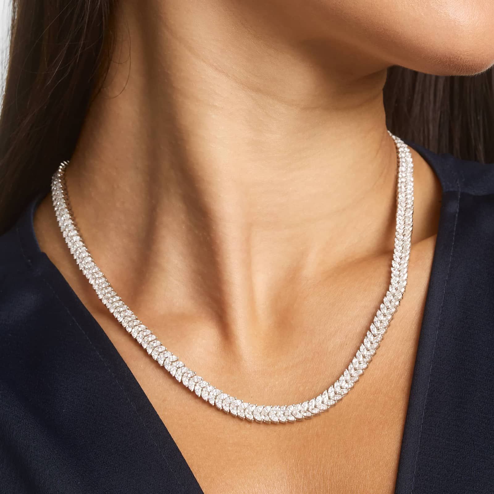 Two Row Tennis Necklace With 18.85 CTW Marquise Cut Lab-Grown Diamonds In 14K White Gold 4