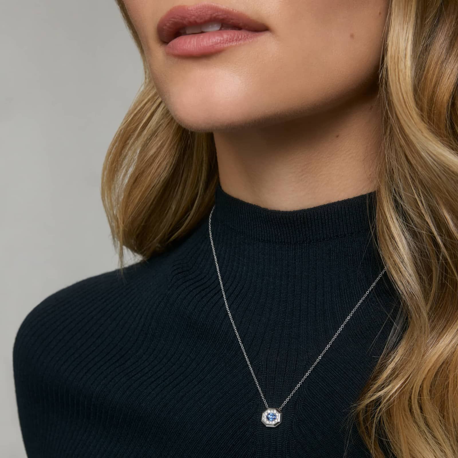 Oval Cut Blue Sapphire and Pavé Diamond Pendant Necklace In 14K White Gold 3