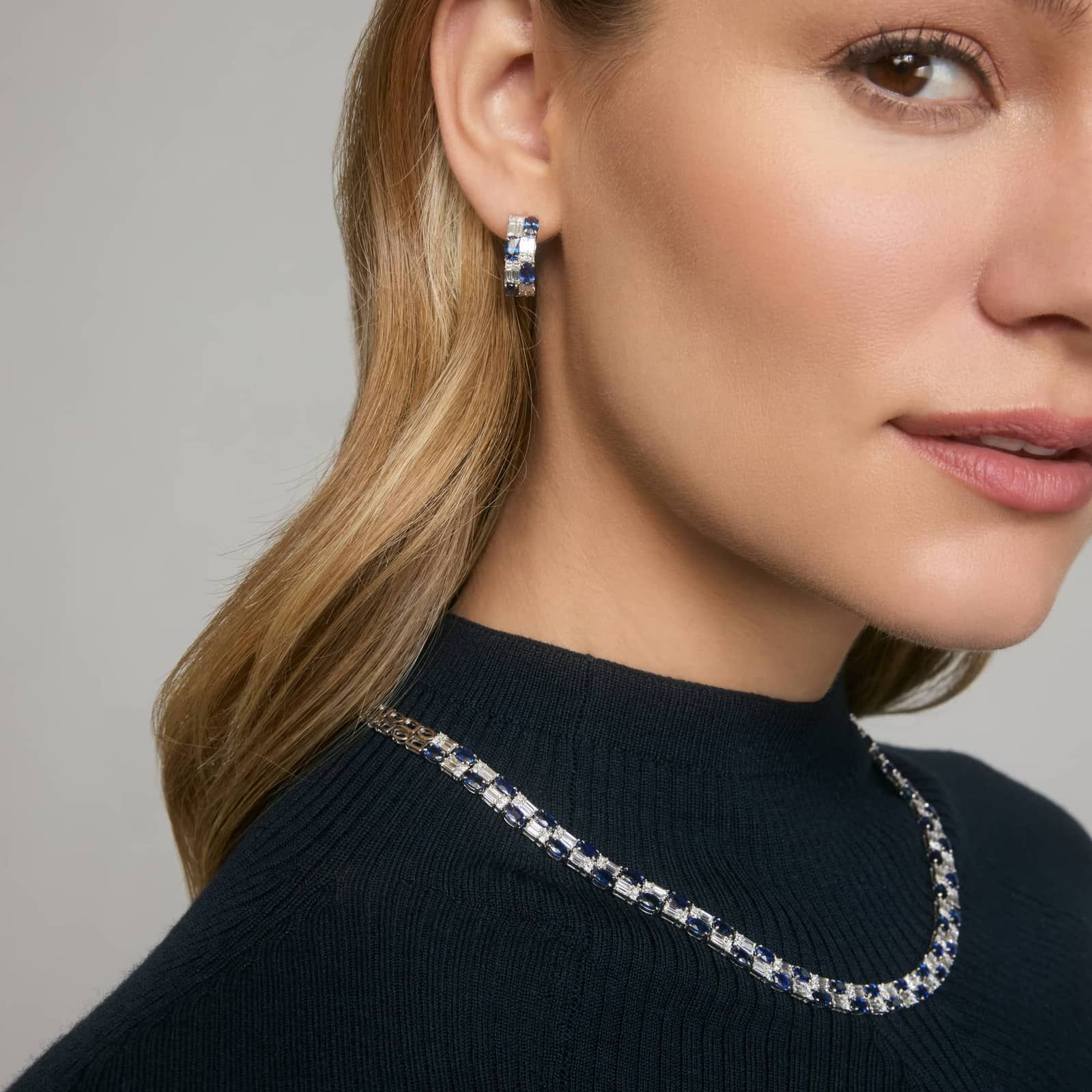Alternating Baguette Cut Blue Sapphire And Diamond Tennis Necklace In 14K White Gold 4
