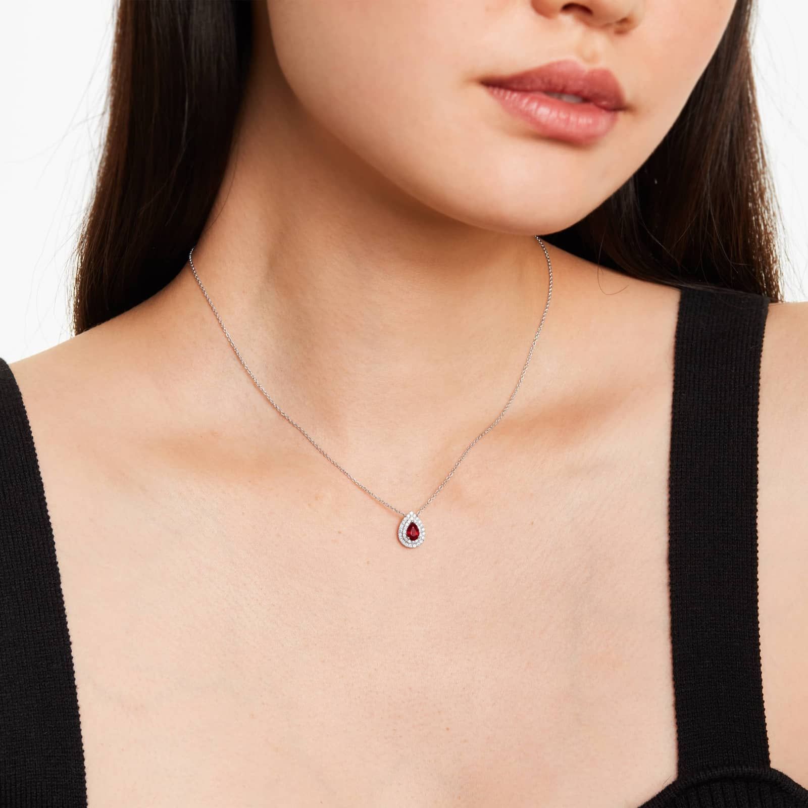 18K White Gold Pear Shape Ruby Double Diamond Halo Necklace By James Allen 4