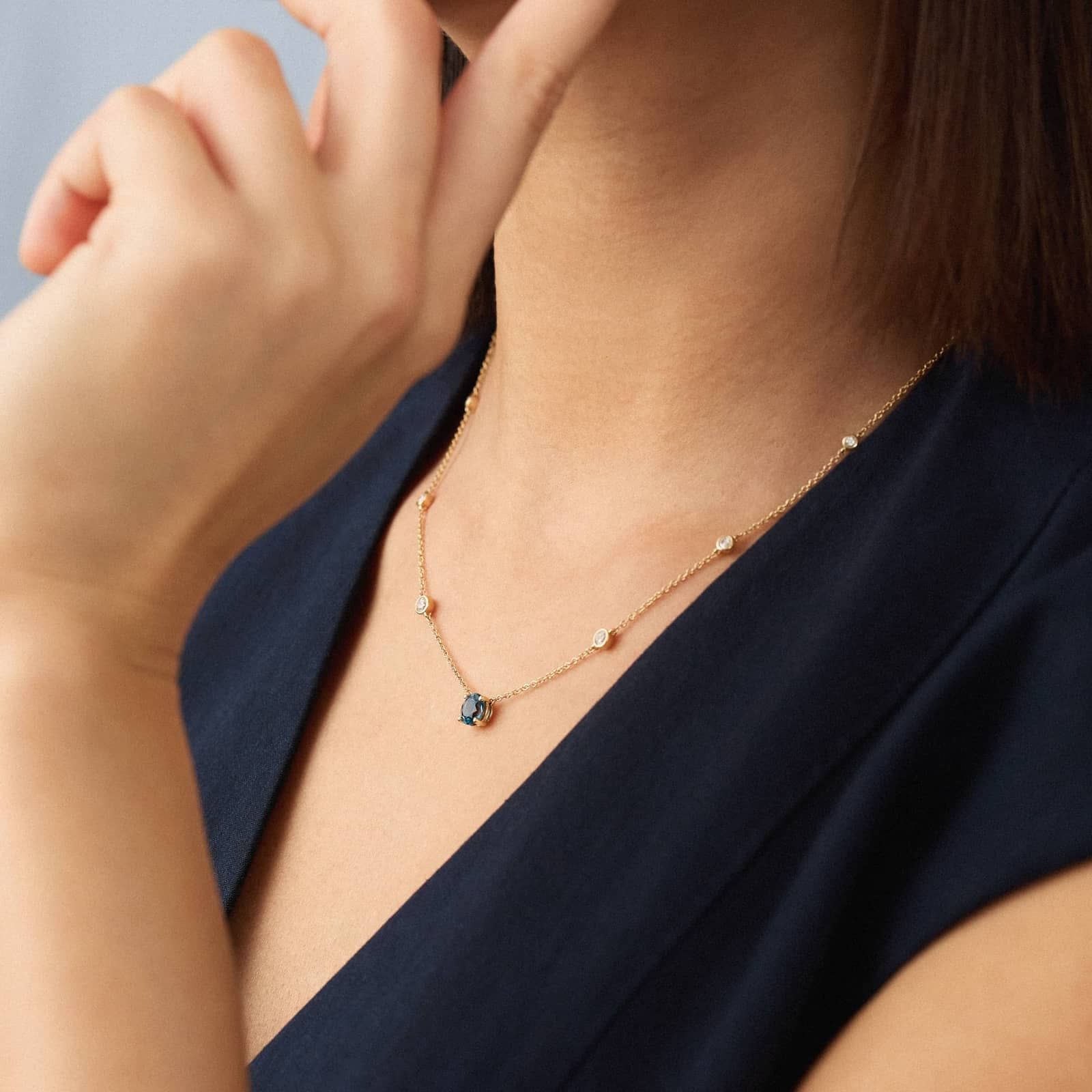 Montana Sapphire & Round Diamond Bezel & Prong Station Necklace in 14K Yellow Gold 3