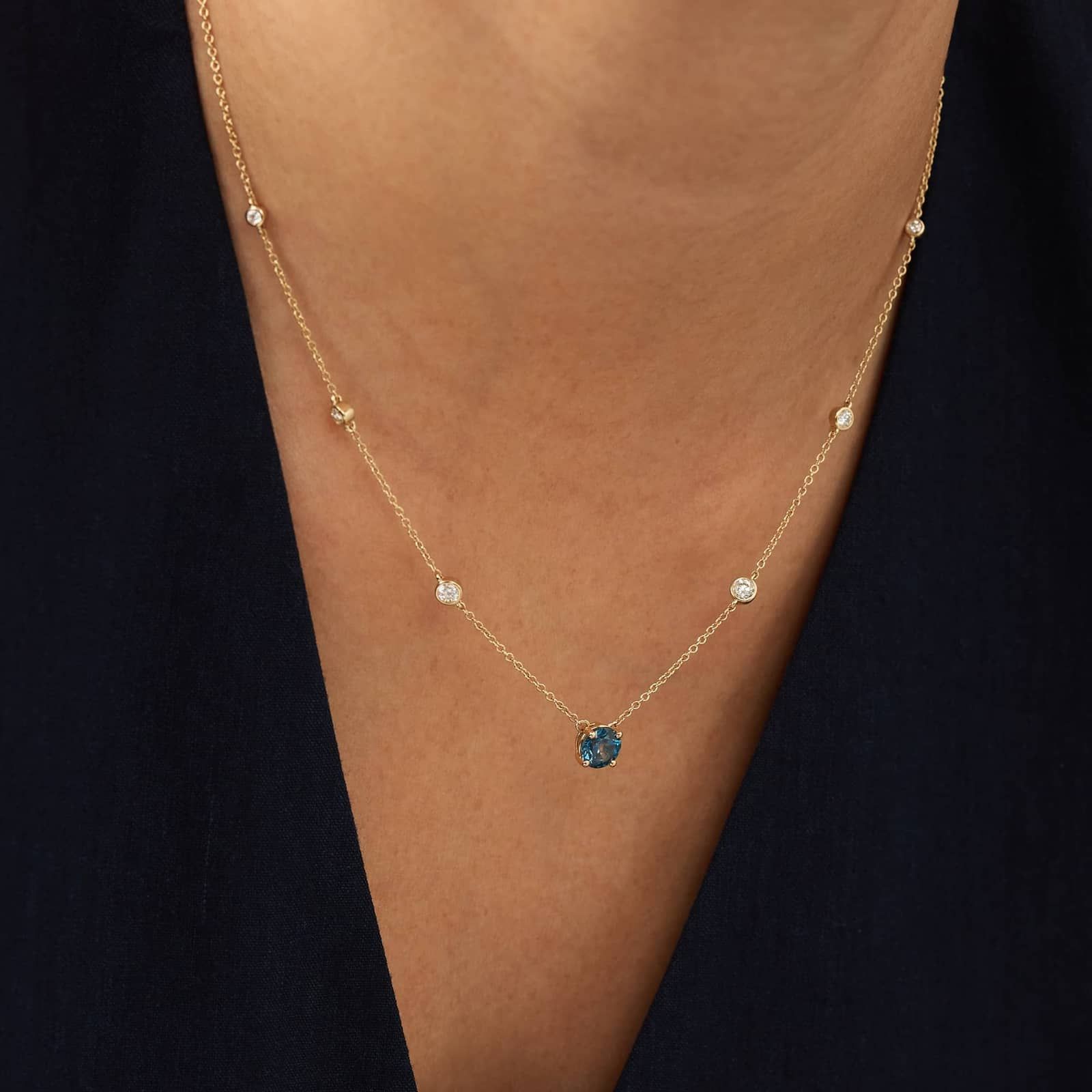 Montana Sapphire & Round Diamond Bezel & Prong Station Necklace in 14K Yellow Gold 4