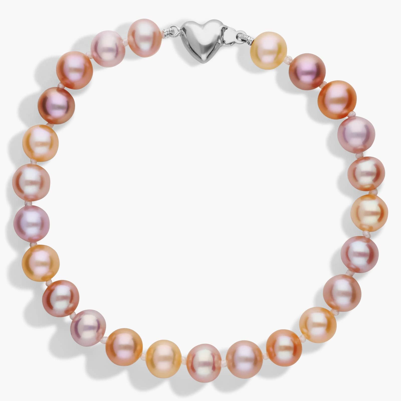 Multicolored Freshwater Cultured Pearl Bracelet with Sterling Silver Heart Clasp (6-7mm)