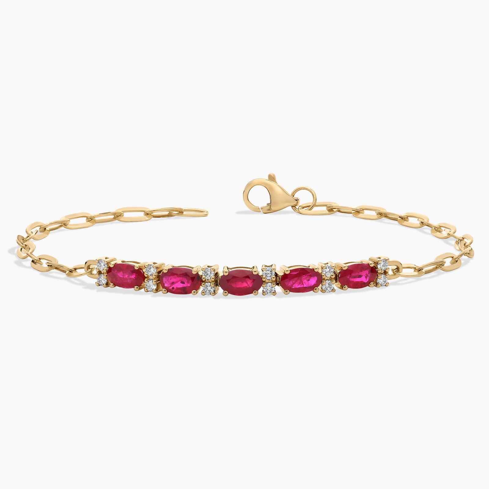 Diamond and Ruby Paperclip Bracelet in 14K Yellow Gold 2