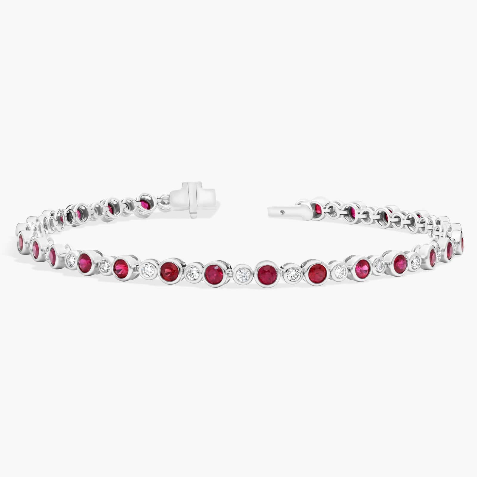 Alternating Ruby and Diamond Bracelet with 0.75 CTW Round Cut Diamonds in 14K White Gold Bezel Setting 2