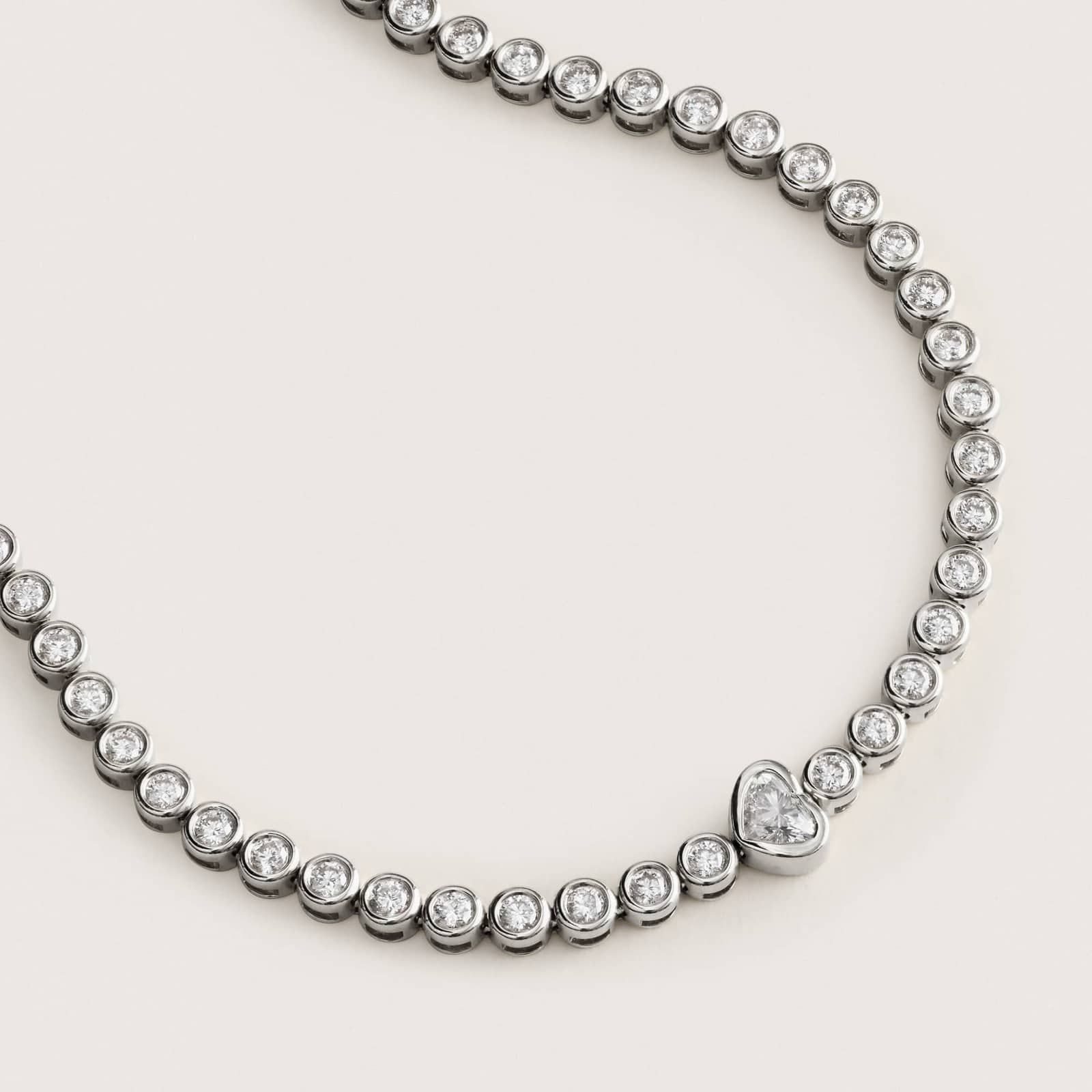 Round Diamond Tennis Bracelet with Bezel Heart Center in 14K White Gold 2
