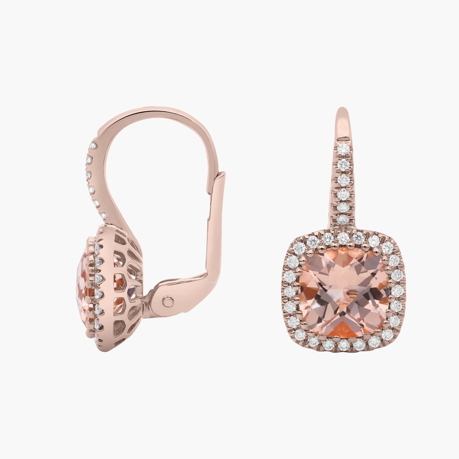 Morganite and Diamond Cushion Drop Earrings in 14k Rose Gold (7x7mm) 2