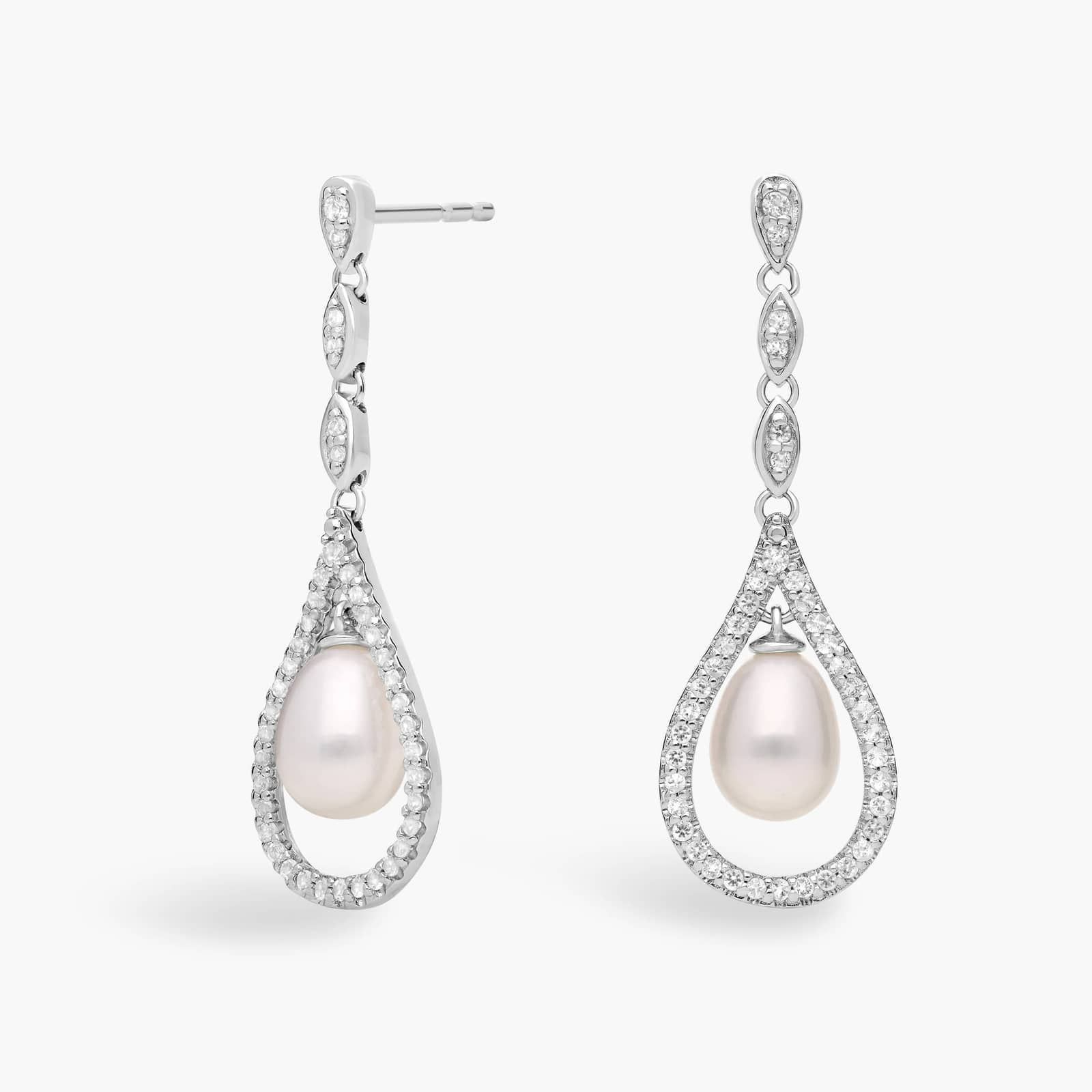Vintage-Inspired Freshwater Cultured Pearl and White Topaz Drop Earrings in Sterling Silver (6-7mm)