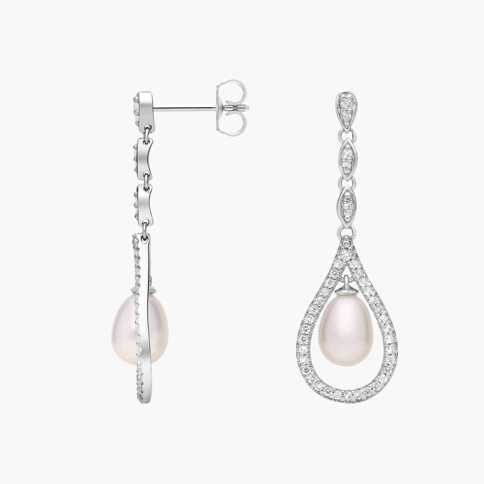 Vintage-Inspired Freshwater Cultured Pearl and White Topaz Drop Earrings in Sterling Silver (6-7mm) 2