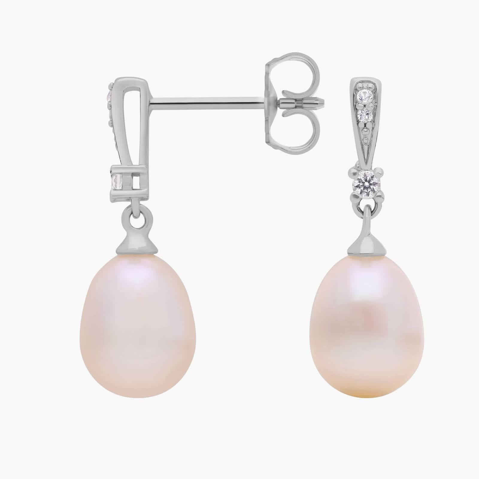Freshwater Cultured Pearl and White Topaz Drop Earrings in Sterling Silver (7mm) 2