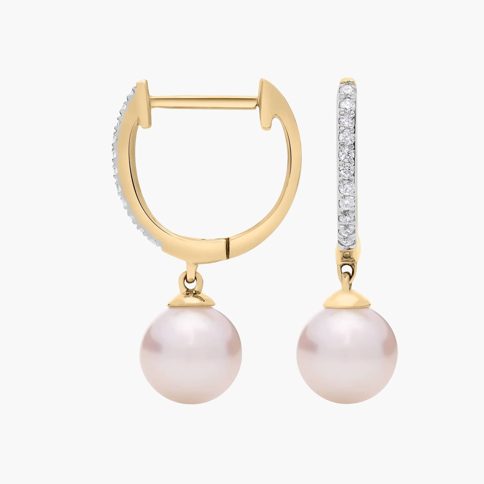 Akoya Cultured Pearl and Diamond Drop Hoop Earrings in 14k Yellow Gold (6.5mm) 2