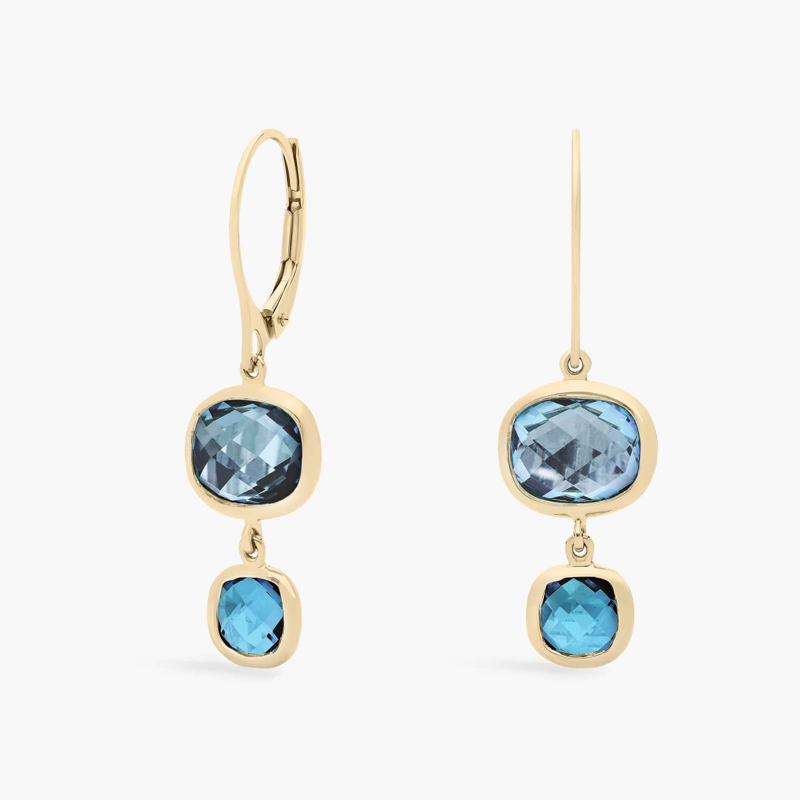 Blue Topaz Tonal Drop Leverback Earrings in 14k Yellow Gold