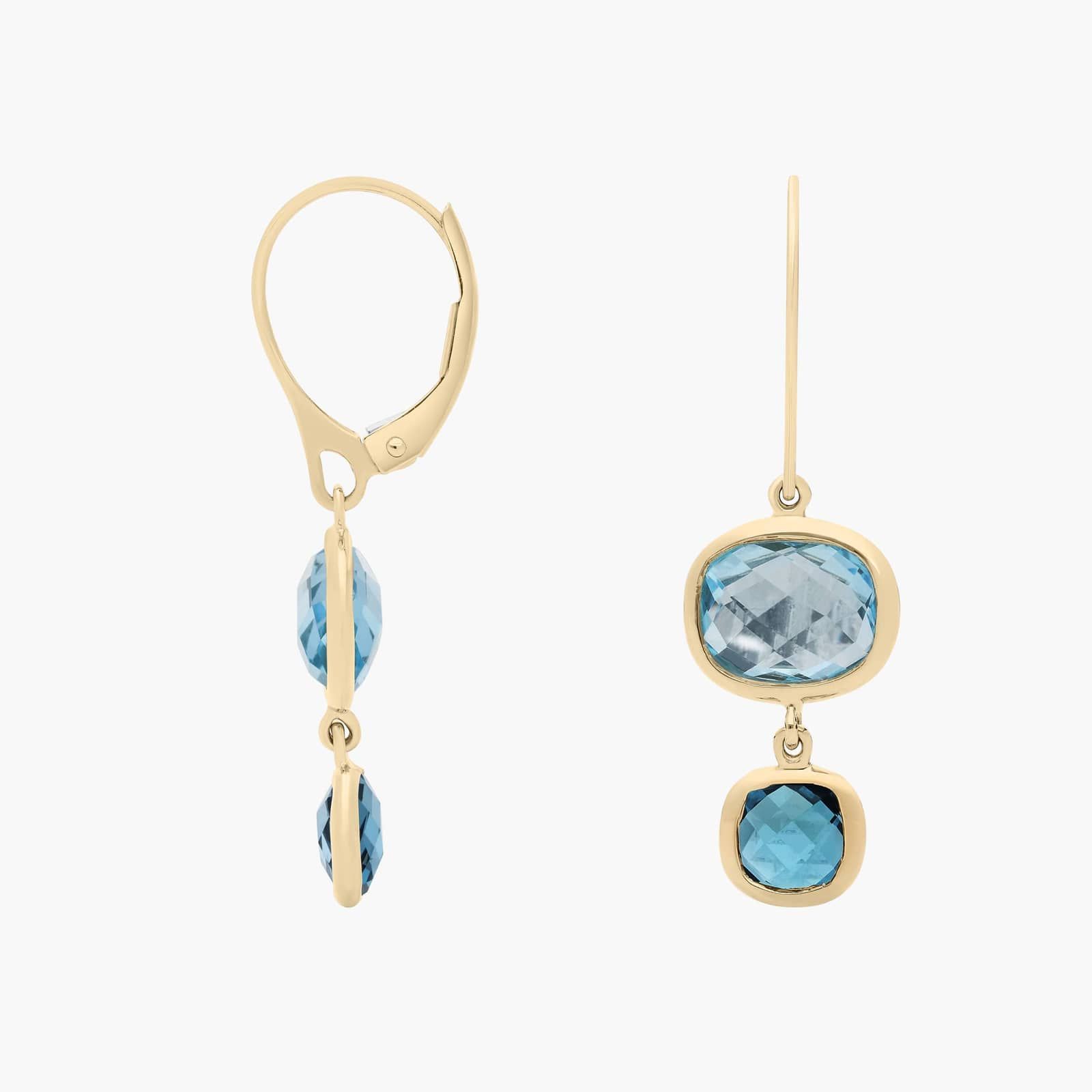 Blue Topaz Tonal Drop Leverback Earrings in 14k Yellow Gold 2