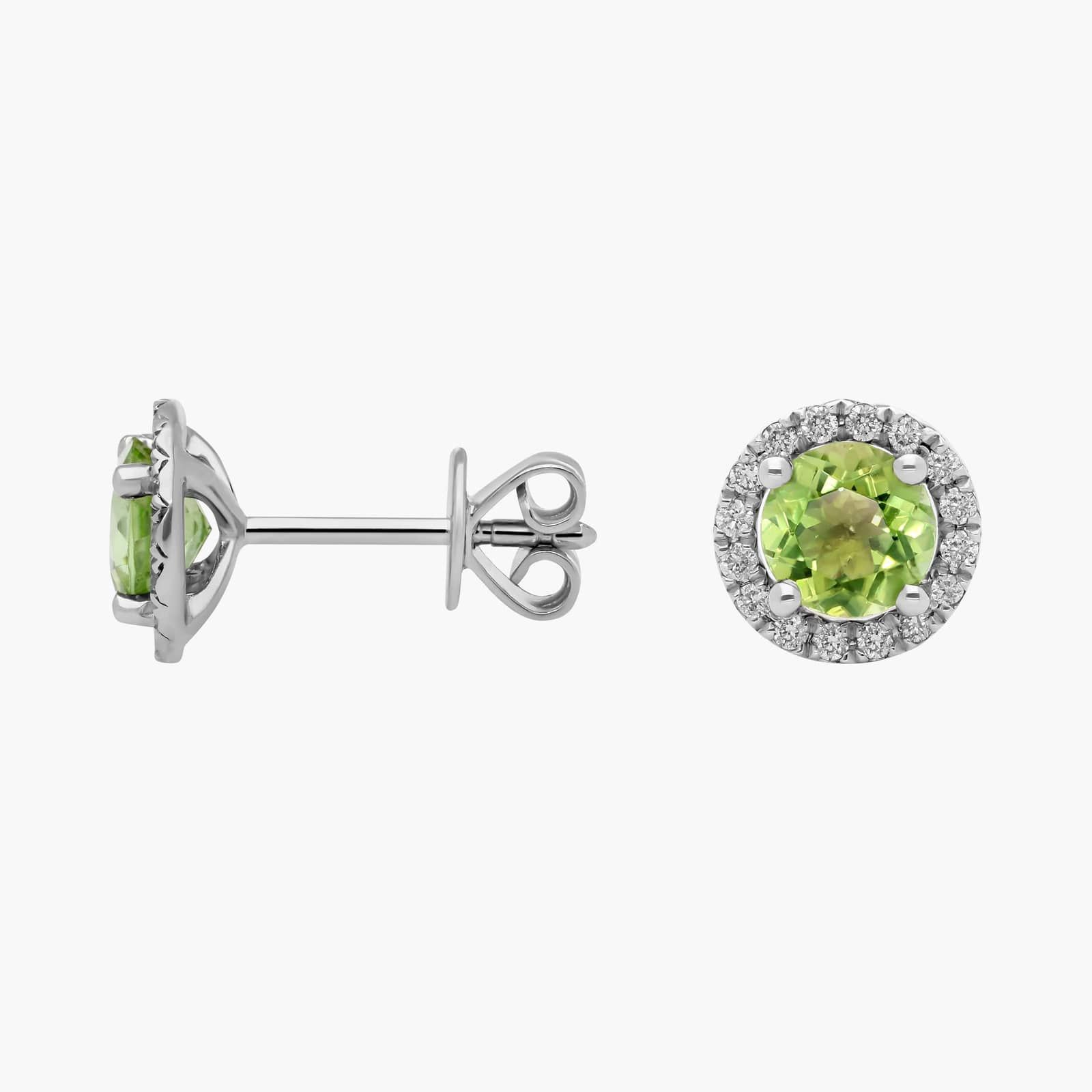 Peridot and Micropave Diamond Halo Earrings in 14k White Gold 2