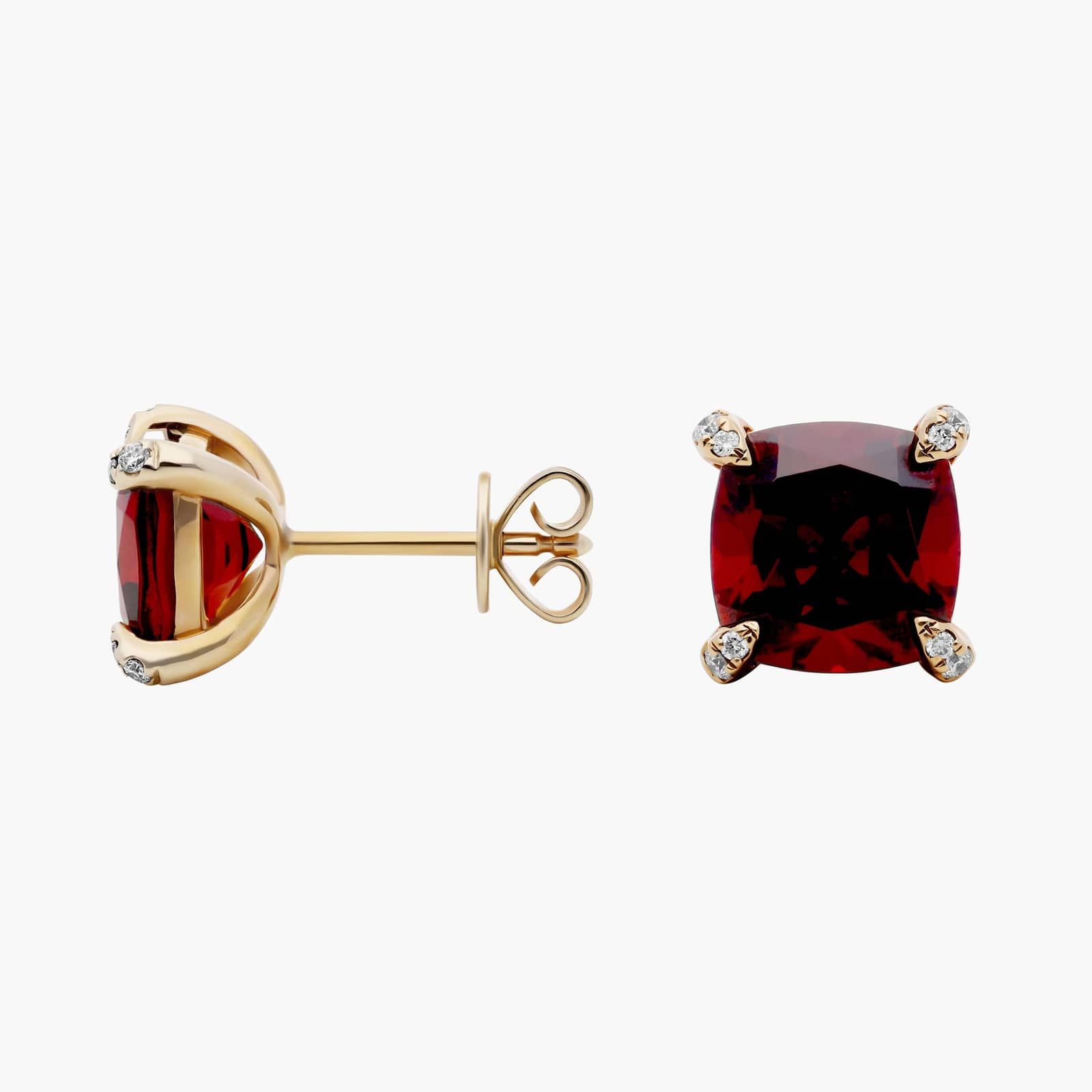 Cushion Cut Garnet and Diamond Accent Earrings in 14k Yellow Gold (7mm) 2