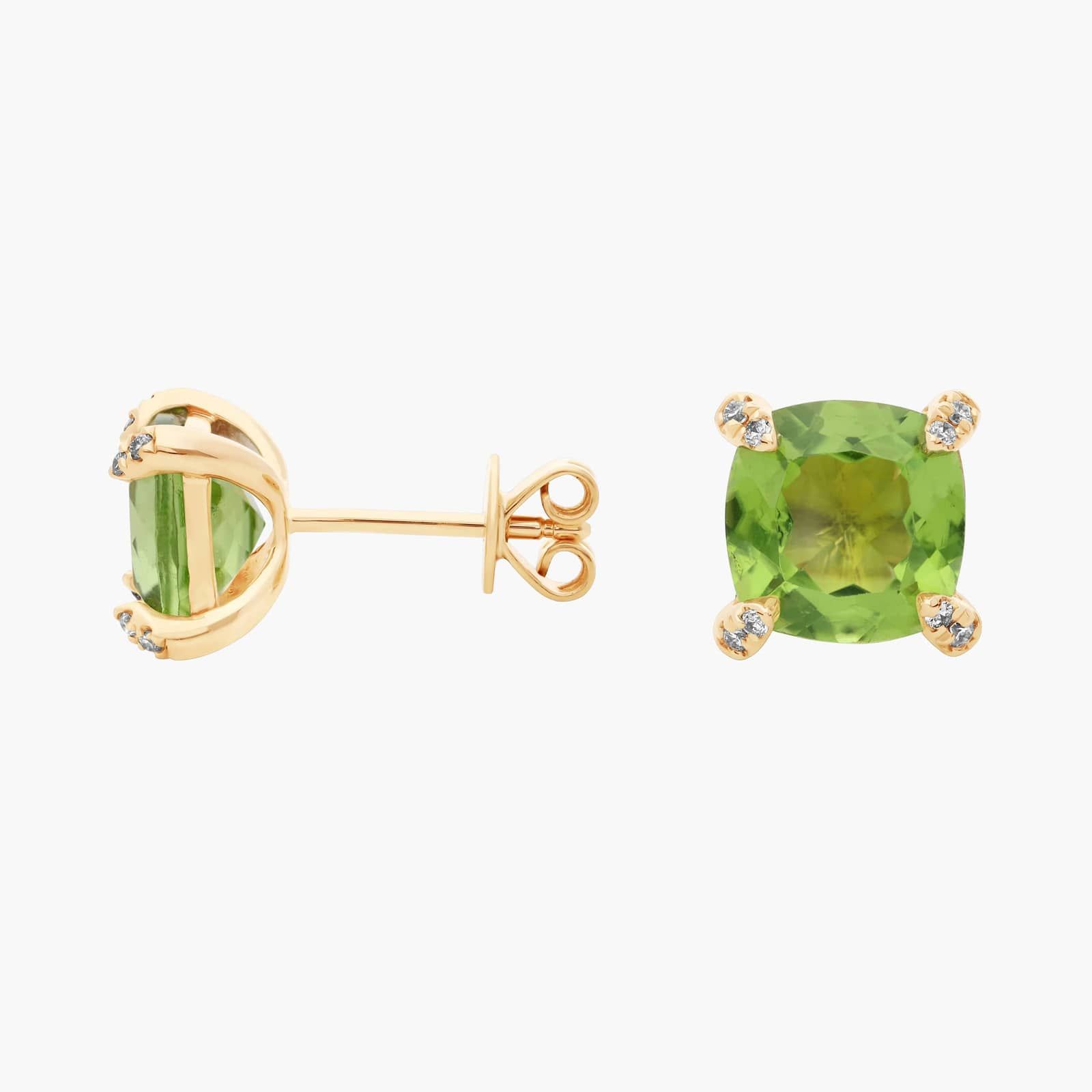 Cushion Cut Peridot and Diamond Accent Earrings in 14k Yellow Gold (7mm) 2