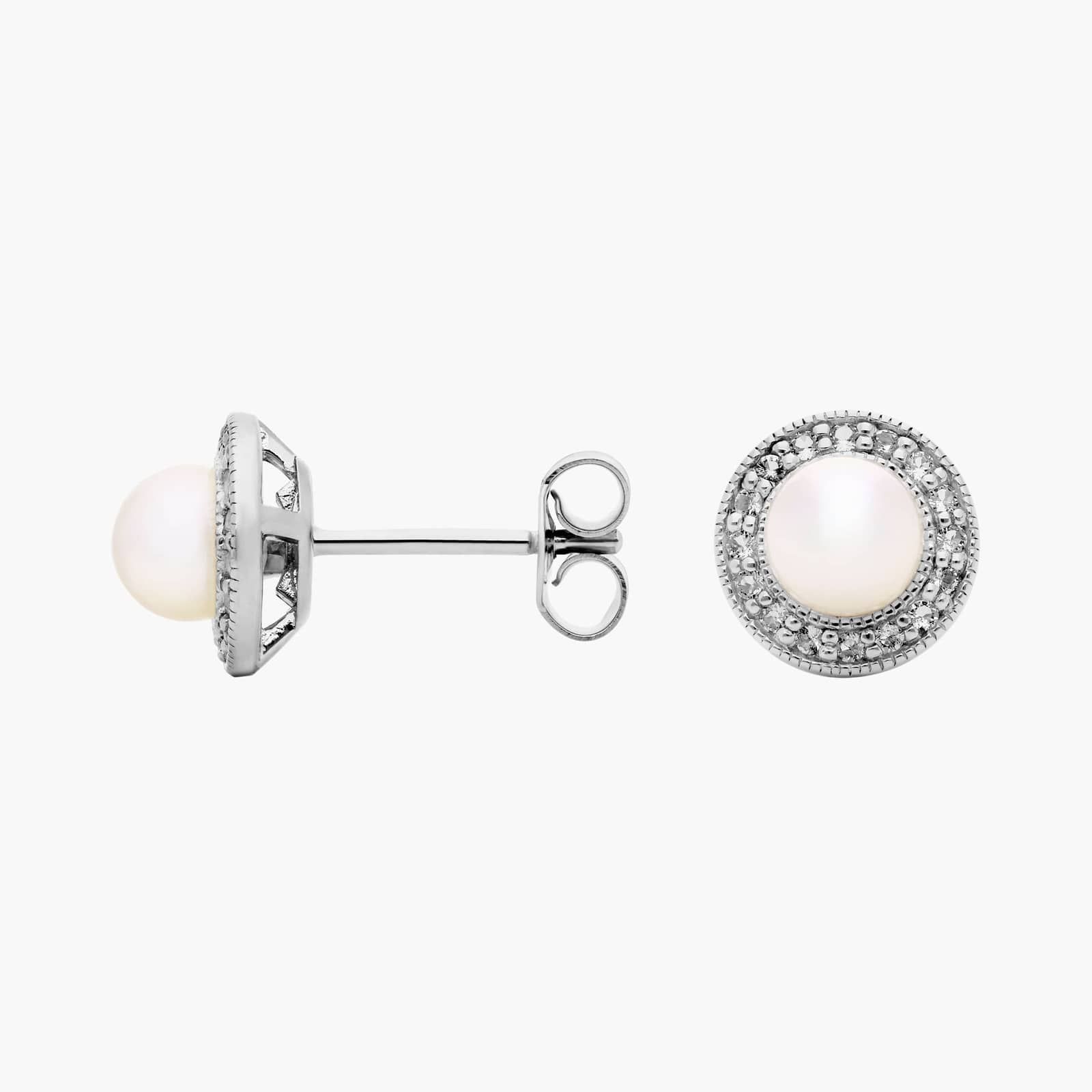 Vintage-Inspired Freshwater Cultured Pearl and White Topaz Halo Earrings in Sterling Silver (5mm) 2