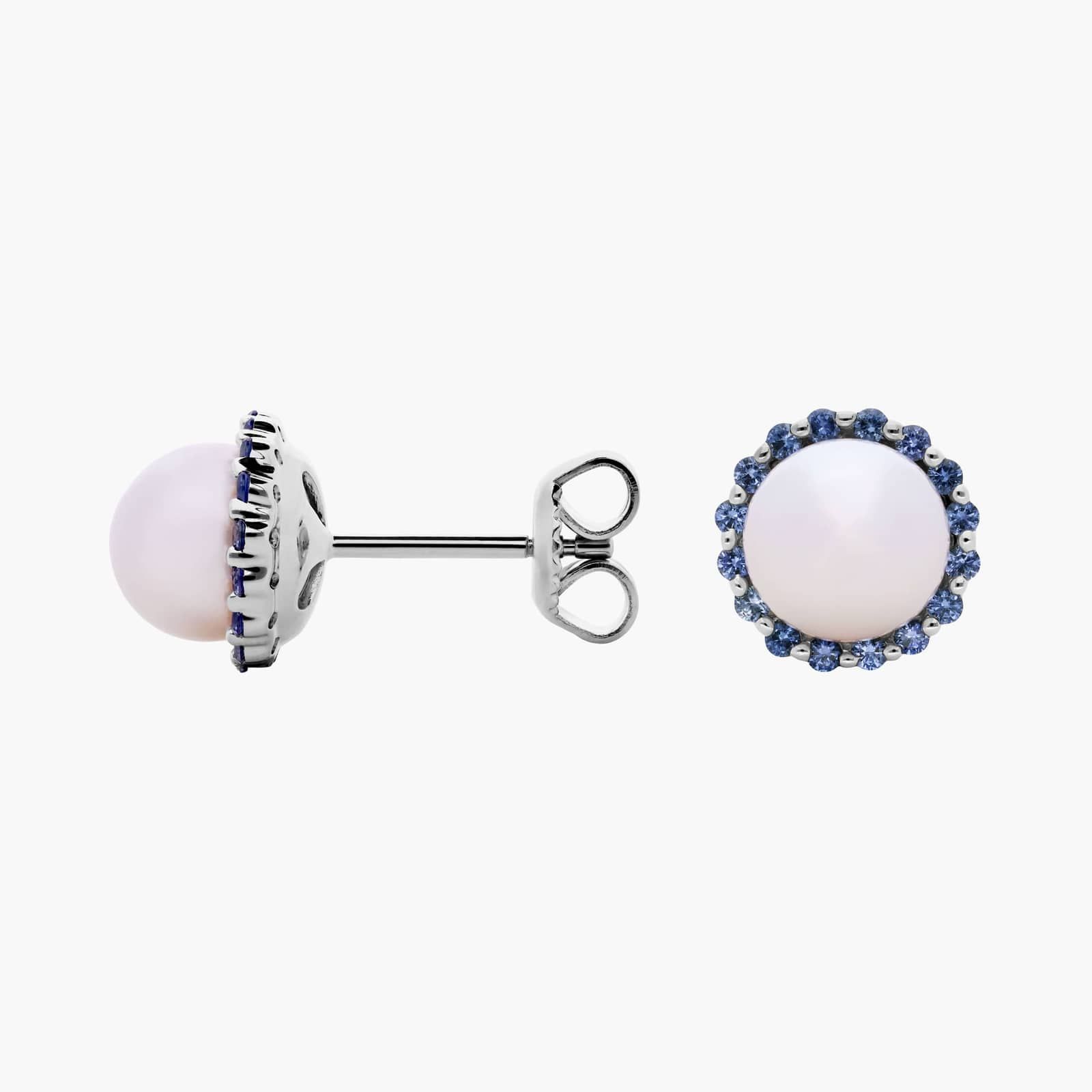 Sapphire and Freshwater Cultured Pearl Halo Stud Earrings in 14k White Gold (7mm) 2
