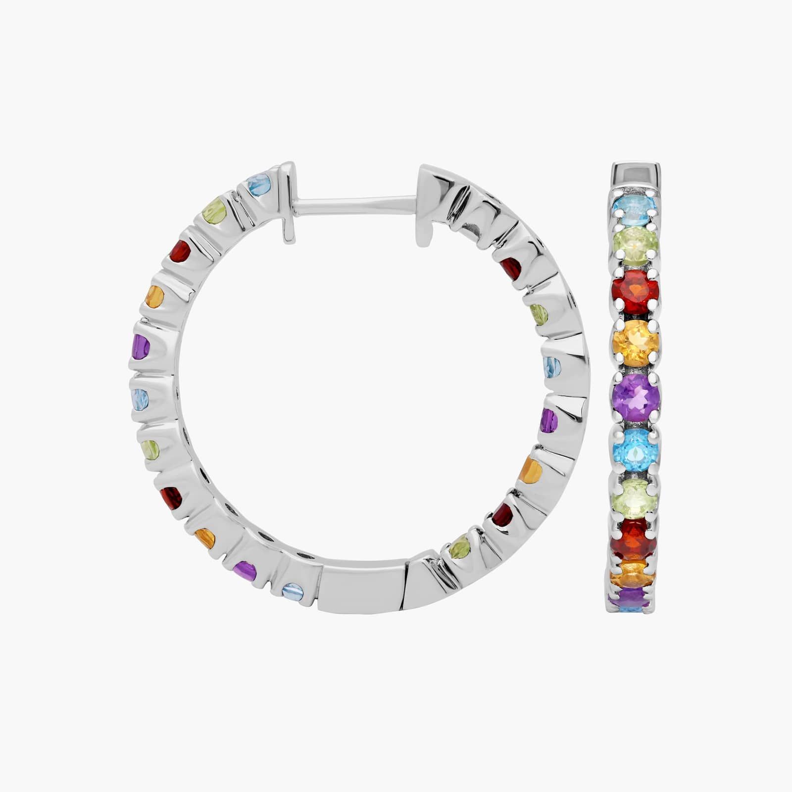 Multicolored Gemstone Hoop Earrings in Sterling Silver (2.5mm) 2