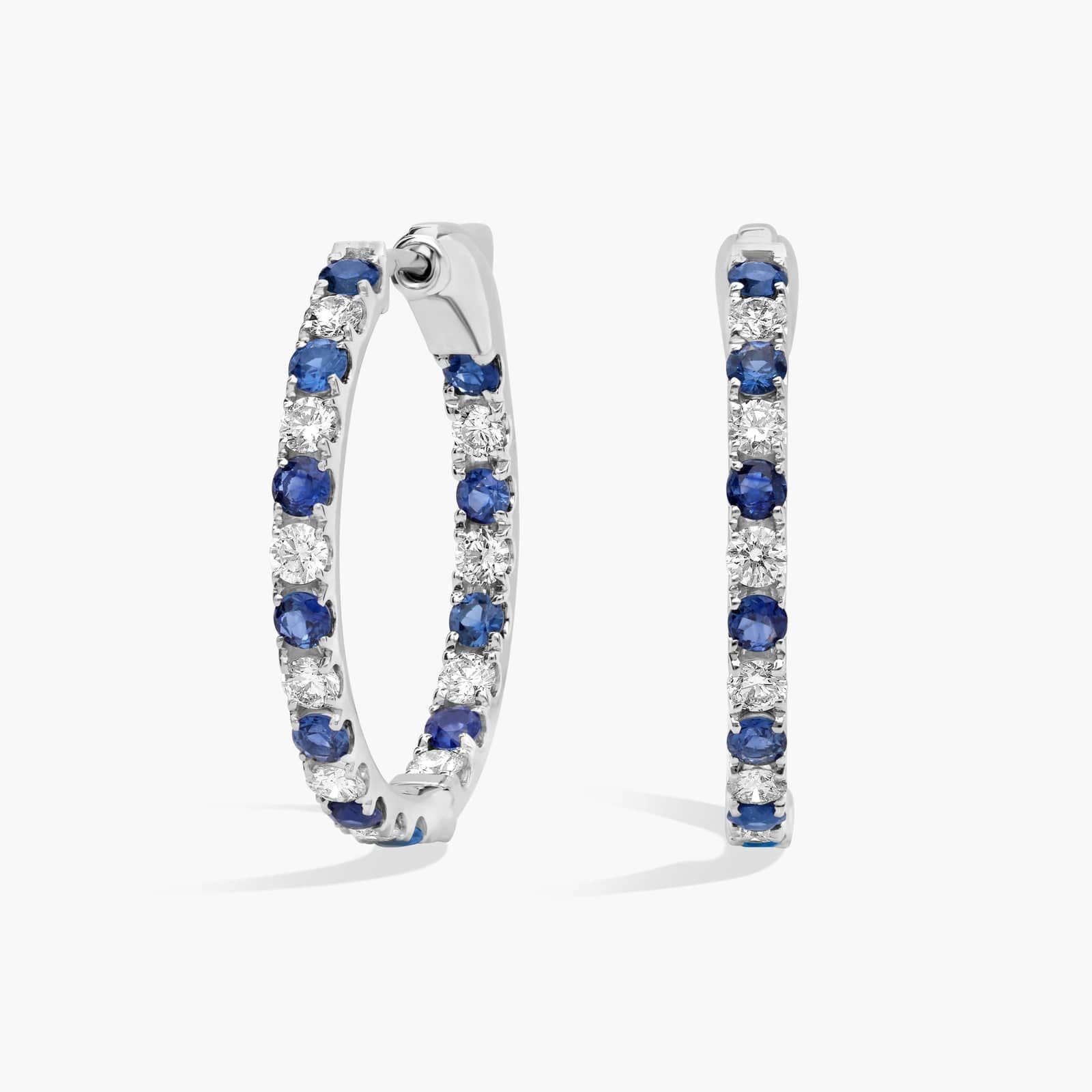 Round Sapphire and Diamond Hoop Earrings, 3/4 Inch Diameter in 14K White Gold