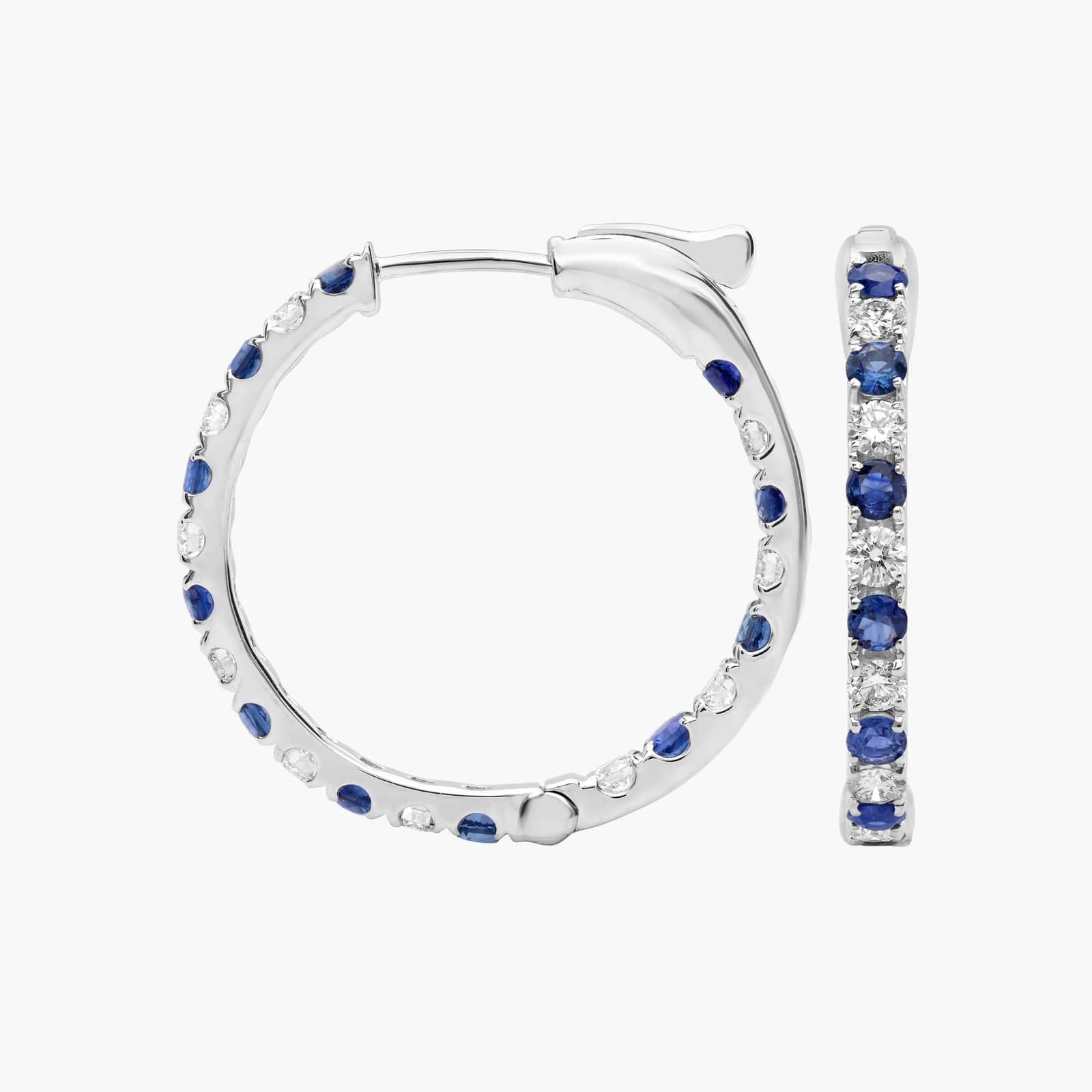 Round Sapphire and Diamond Hoop Earrings, 3/4 Inch Diameter in 14K White Gold 2