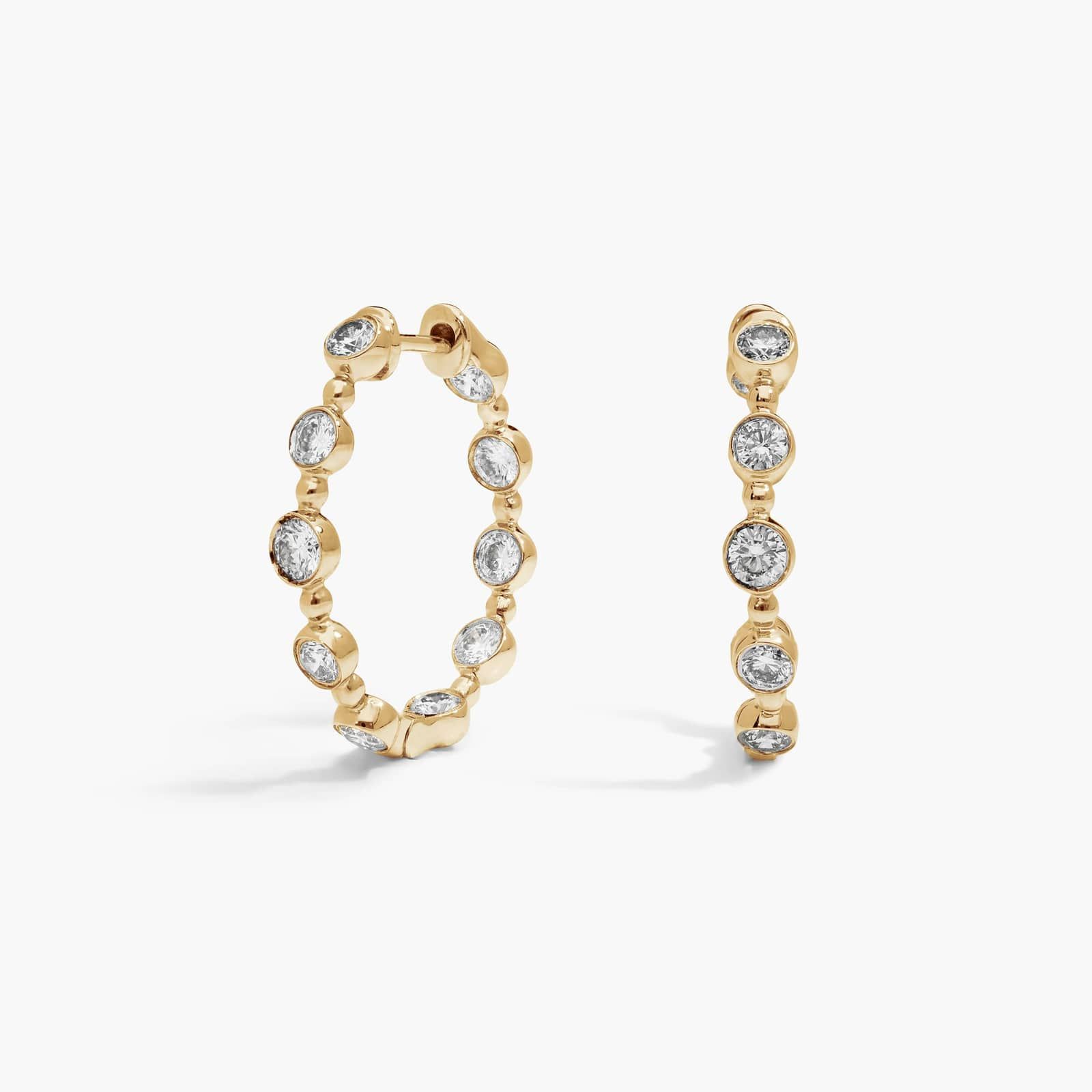 Bezel Set Diamond Hoop Earrings with 1 CTW Round Cut Lab-Grown Diamonds in 14K Yellow Gold