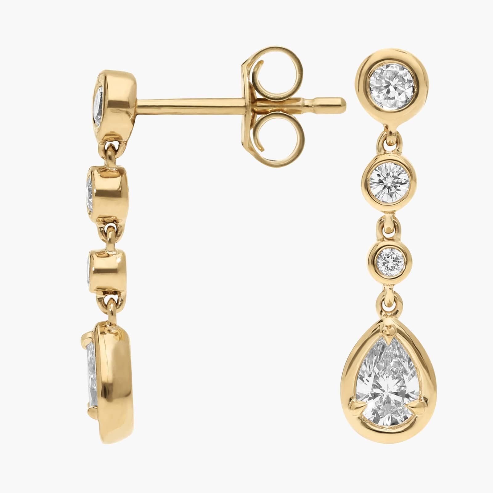 Diamond Drop Earrings with 0.5 CTW Round and Pear Shaped Lab-Grown Diamonds in 14K Yellow Gold Bezel Setting 2