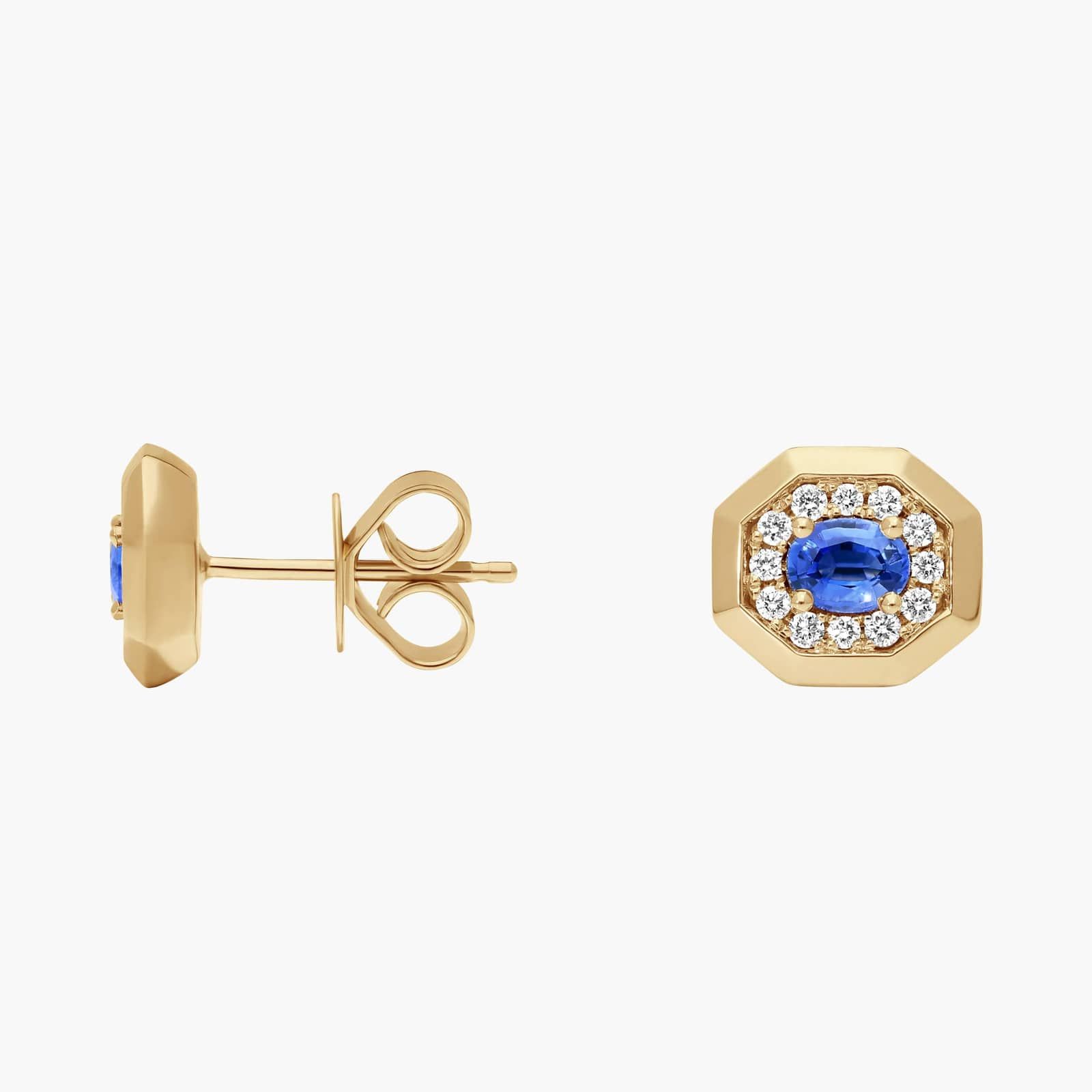 Oval Cut Blue Sapphire and Pavé Diamond Stud Earrings In 14K Yellow Gold 2