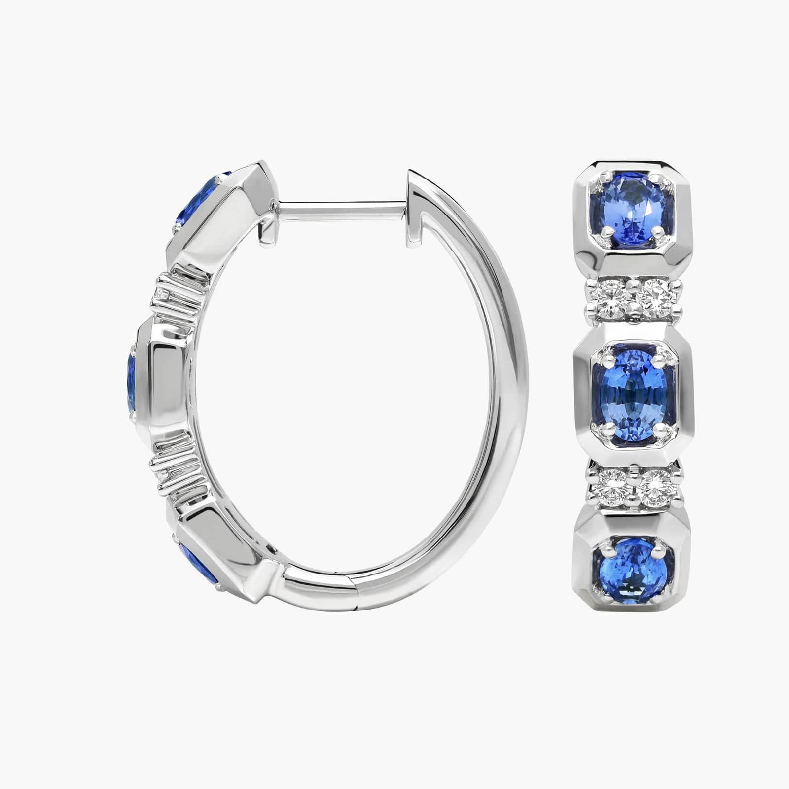 Oval Cut Blue Sapphire and Diamond Hoop Earrings In 14K White Gold 2