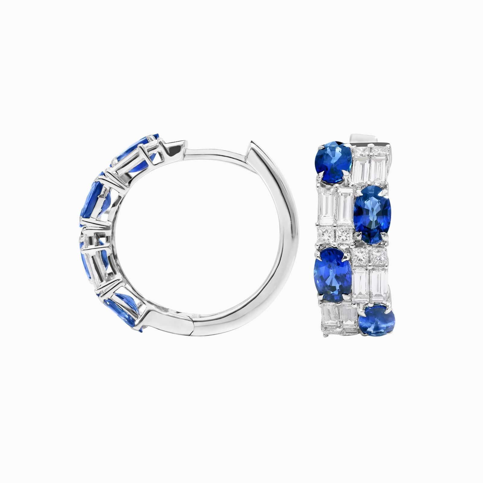 Baguette Cut Blue Sapphire And Diamond Cluster Hoop Earrings In 14K White Gold 2