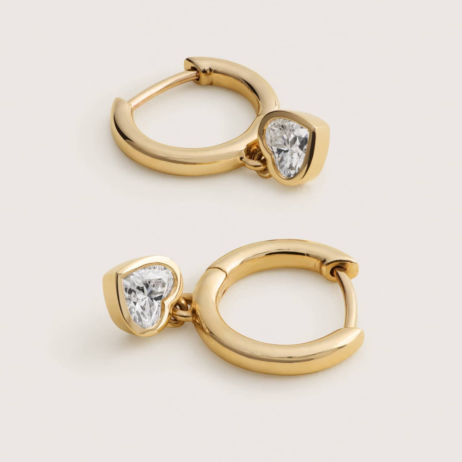 Heart Diamond Bezel Drop Huggie Earrings in 14K Yellow Gold 2
