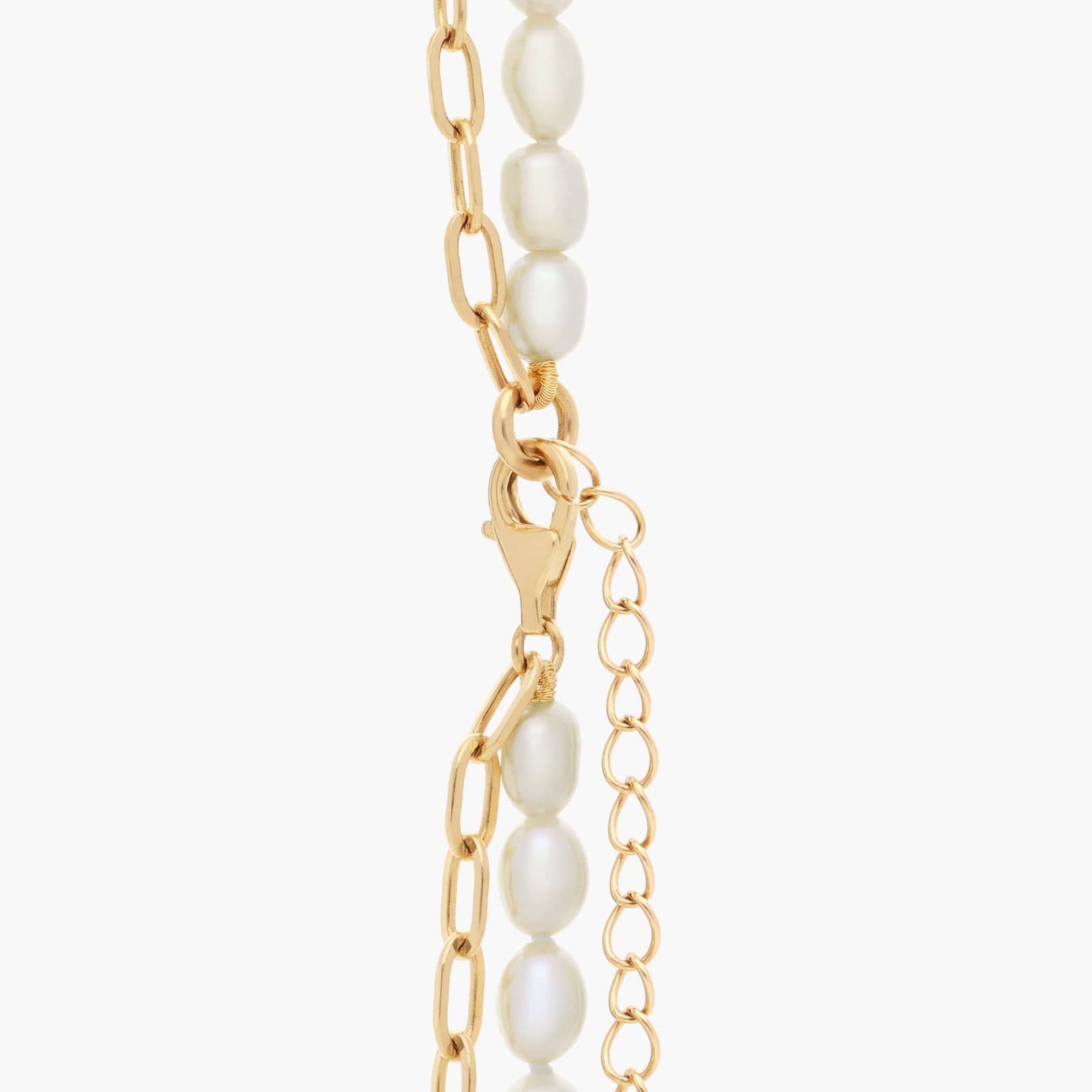 Freshwater Pearl and Paperclip Chain Double Strand Necklace in 14k Yellow Gold 2