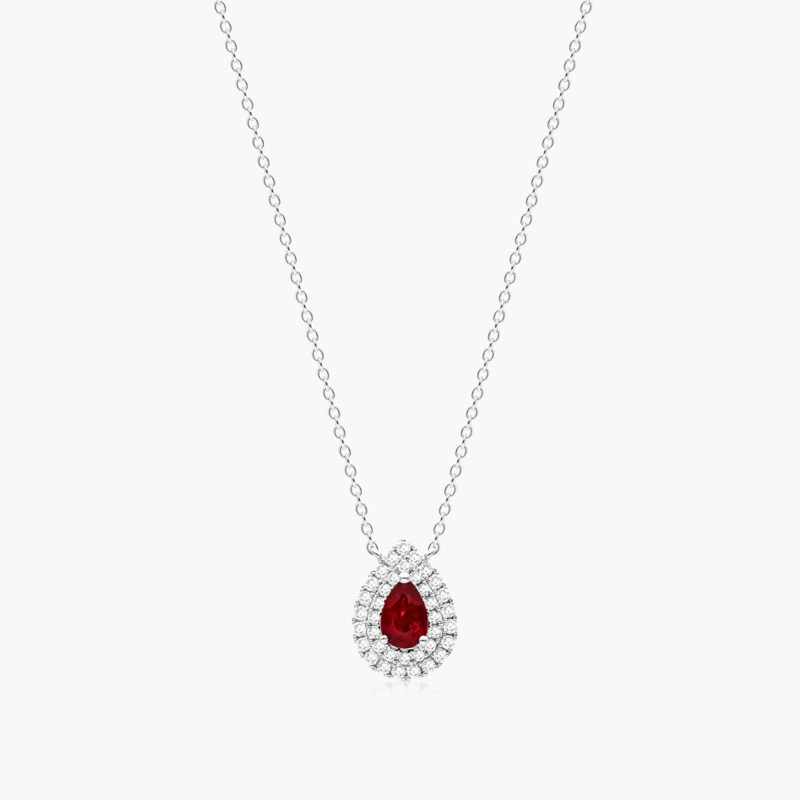 18K White Gold Pear Shape Ruby Double Diamond Halo Necklace By James Allen