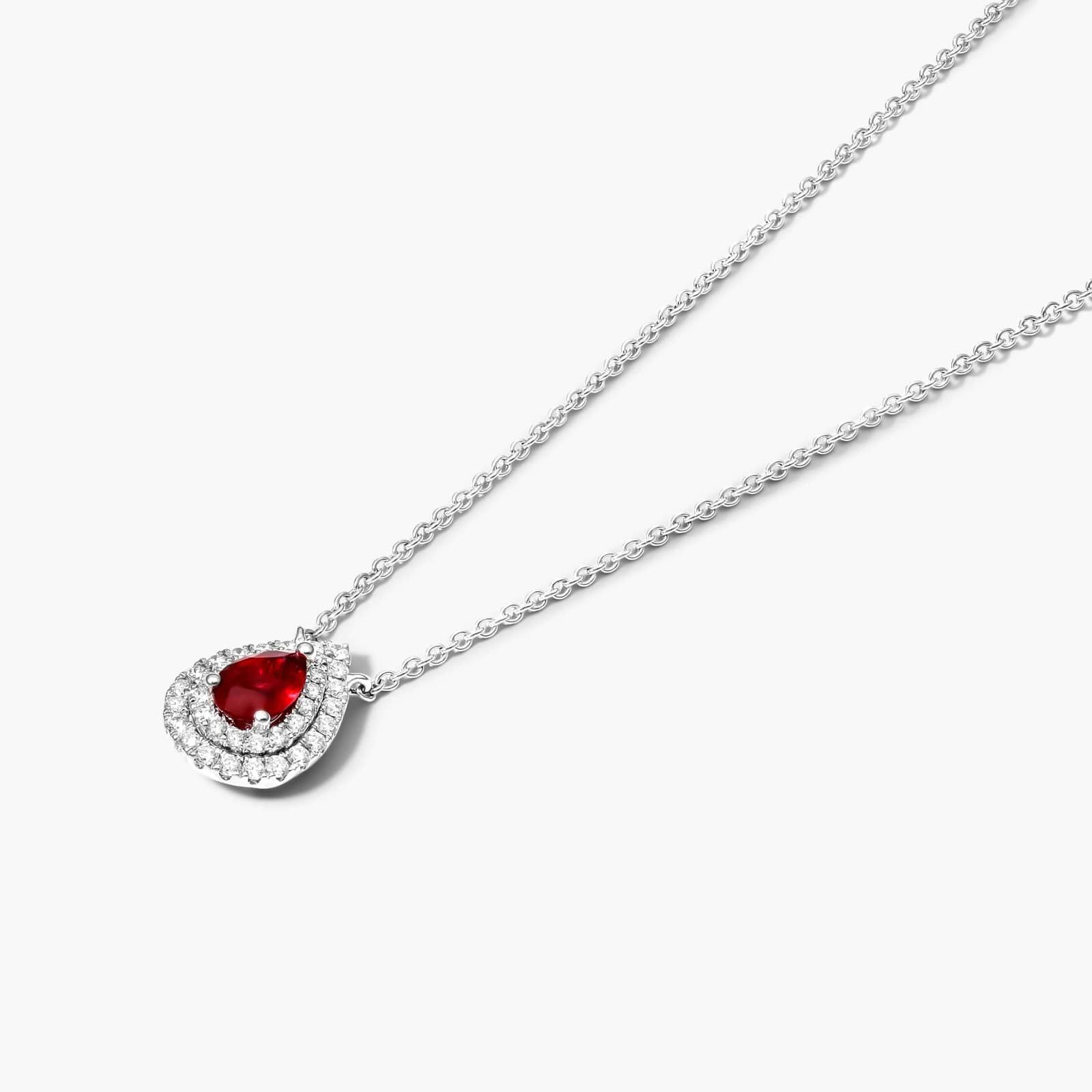 18K White Gold Pear Shape Ruby Double Diamond Halo Necklace By James Allen 2