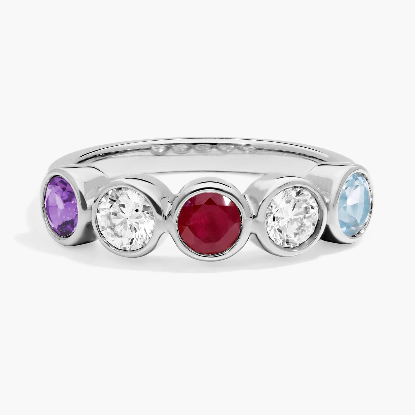 Personalized Round Cut Three Birthstone Ring With Lab-Grown Diamonds In 14K White Gold